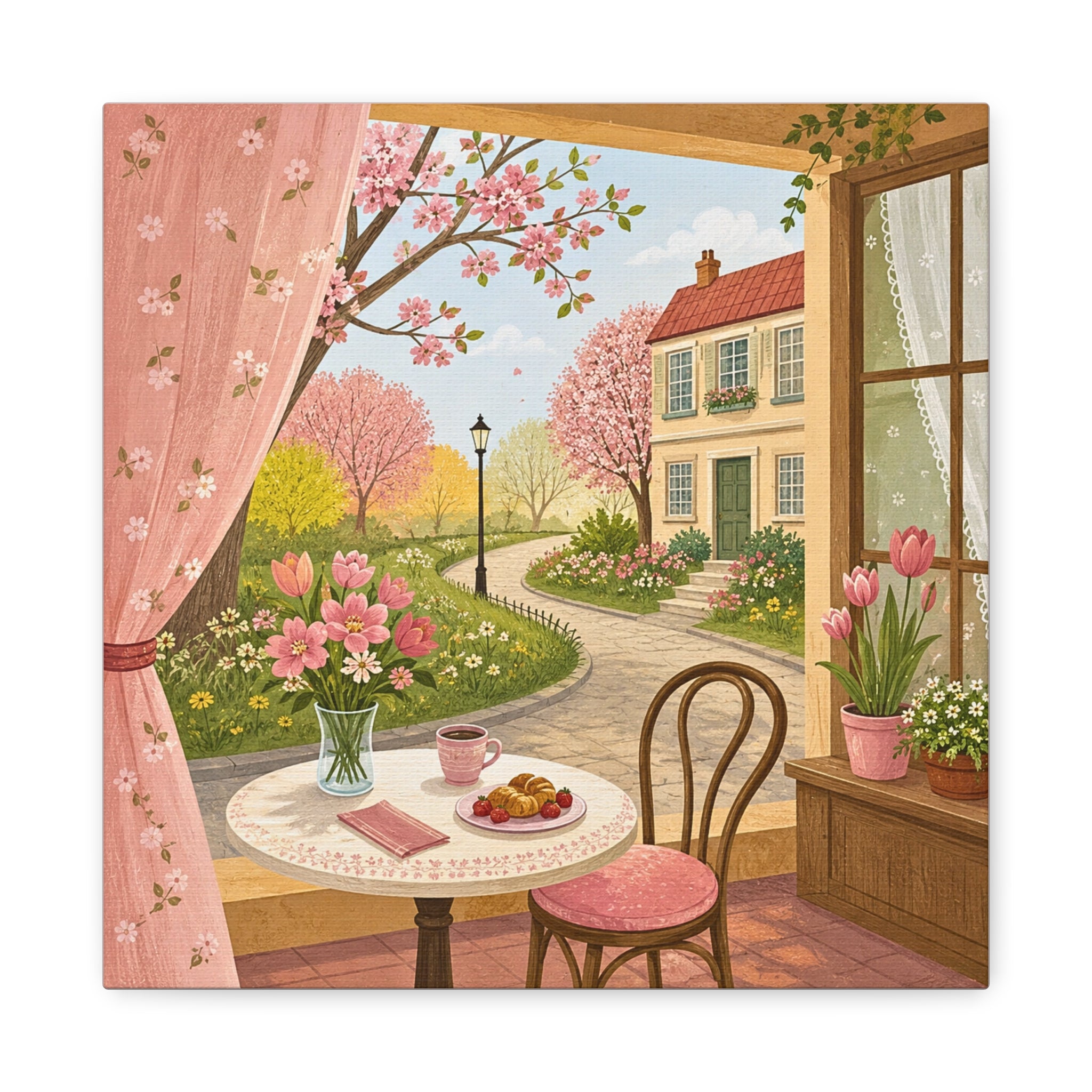 Spring Cottage Café Canvas Wall Art — Cozy Window Scene with Flowers and Pastries