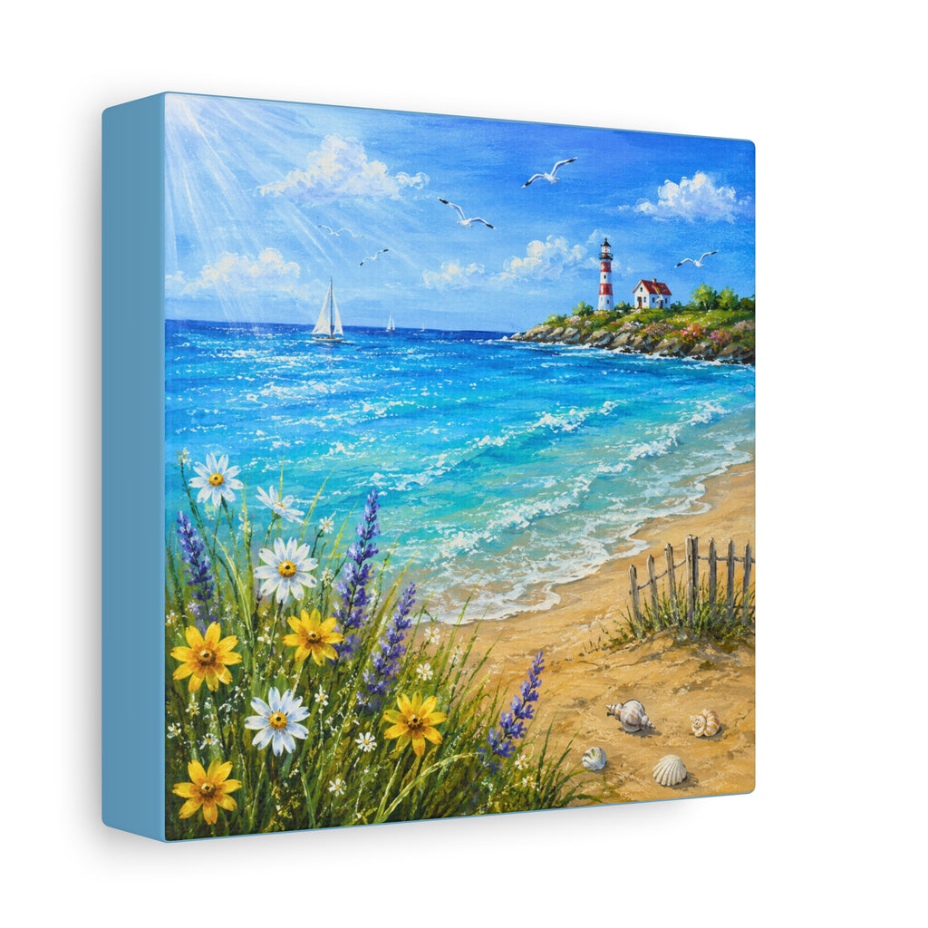Coastal Lighthouse Beach Canvas Print — Seaside Floral Wall Art (Matte Stretched)