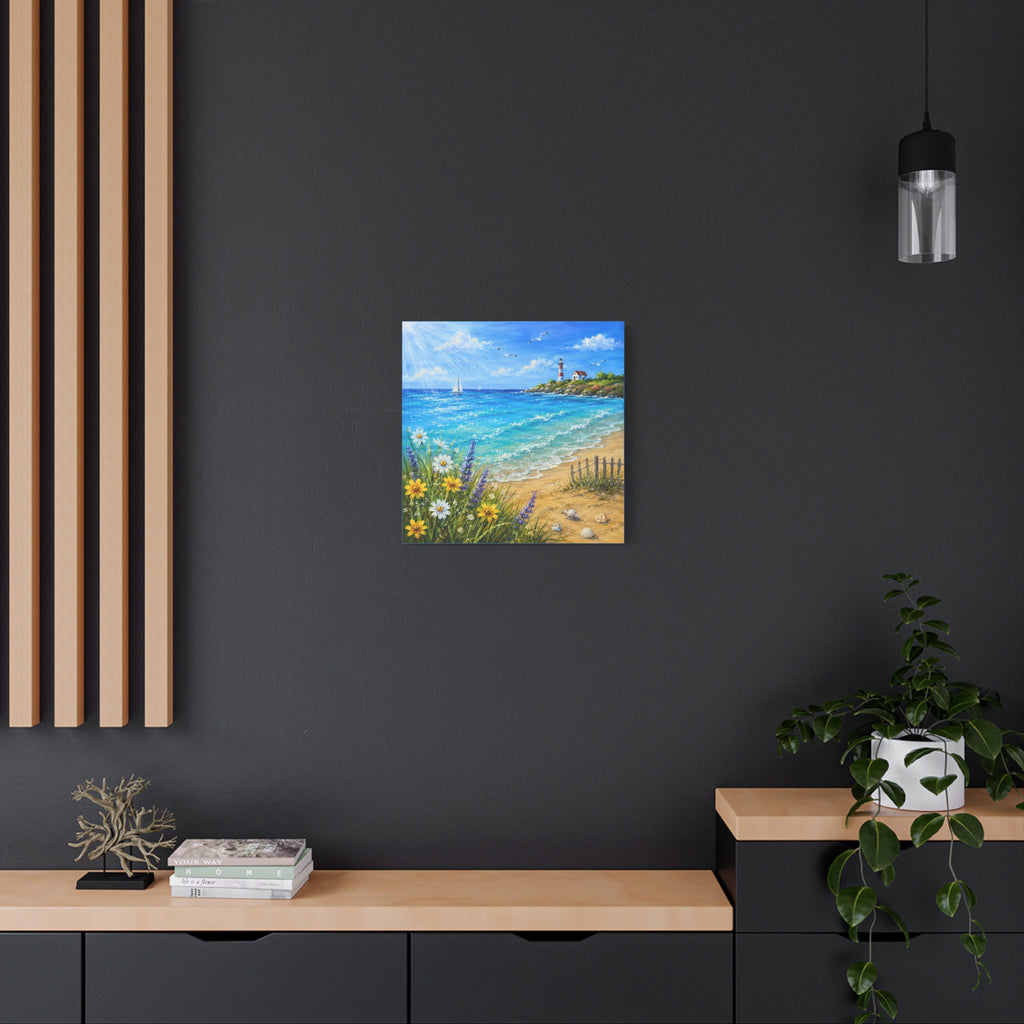 Coastal Lighthouse Beach Canvas Print — Seaside Floral Wall Art (Matte Stretched)