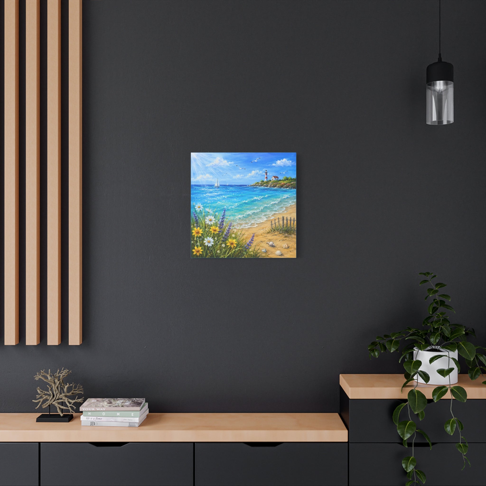 Coastal Lighthouse Beach Canvas Print — Seaside Floral Wall Art (Matte Stretched)