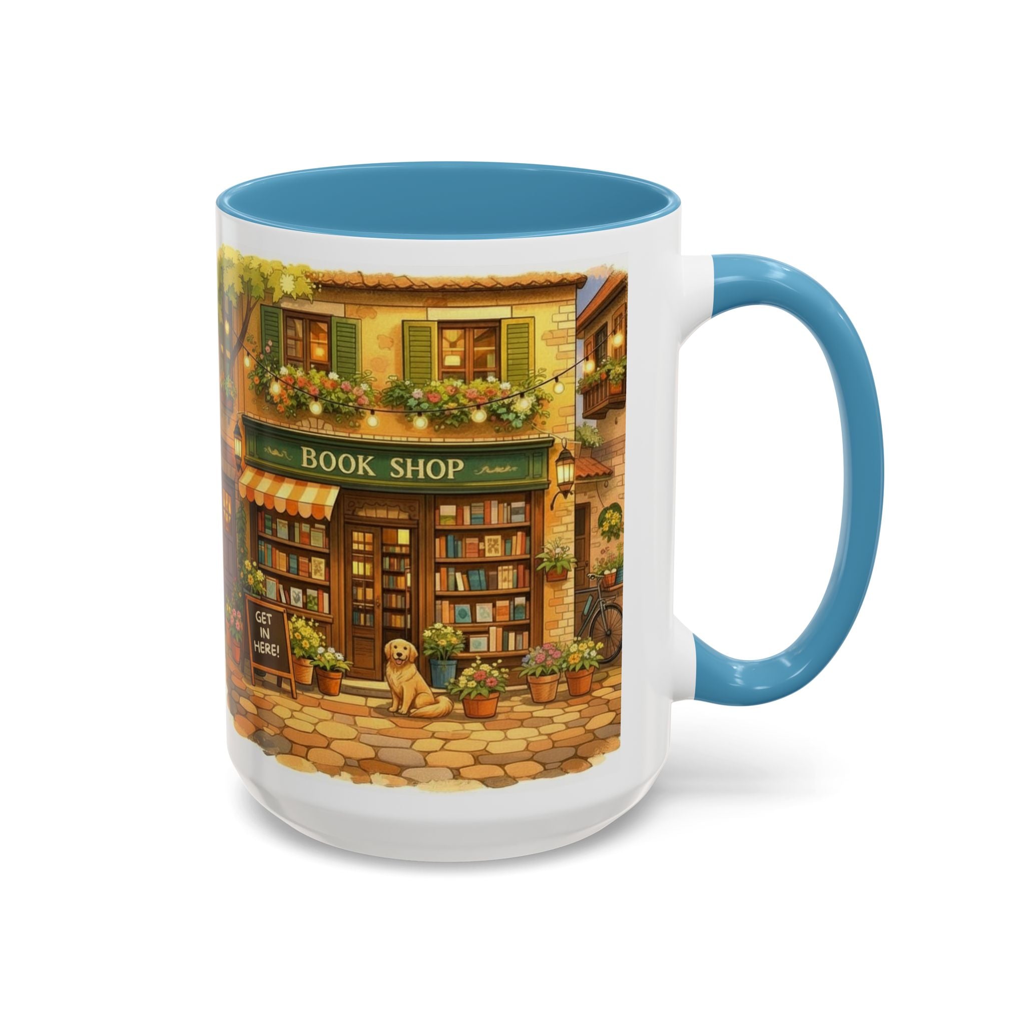 Bookshop Coffee Mug — Cozy Village Bookstore Illustration Accent Mug for Book and Dog Lovers (15oz)