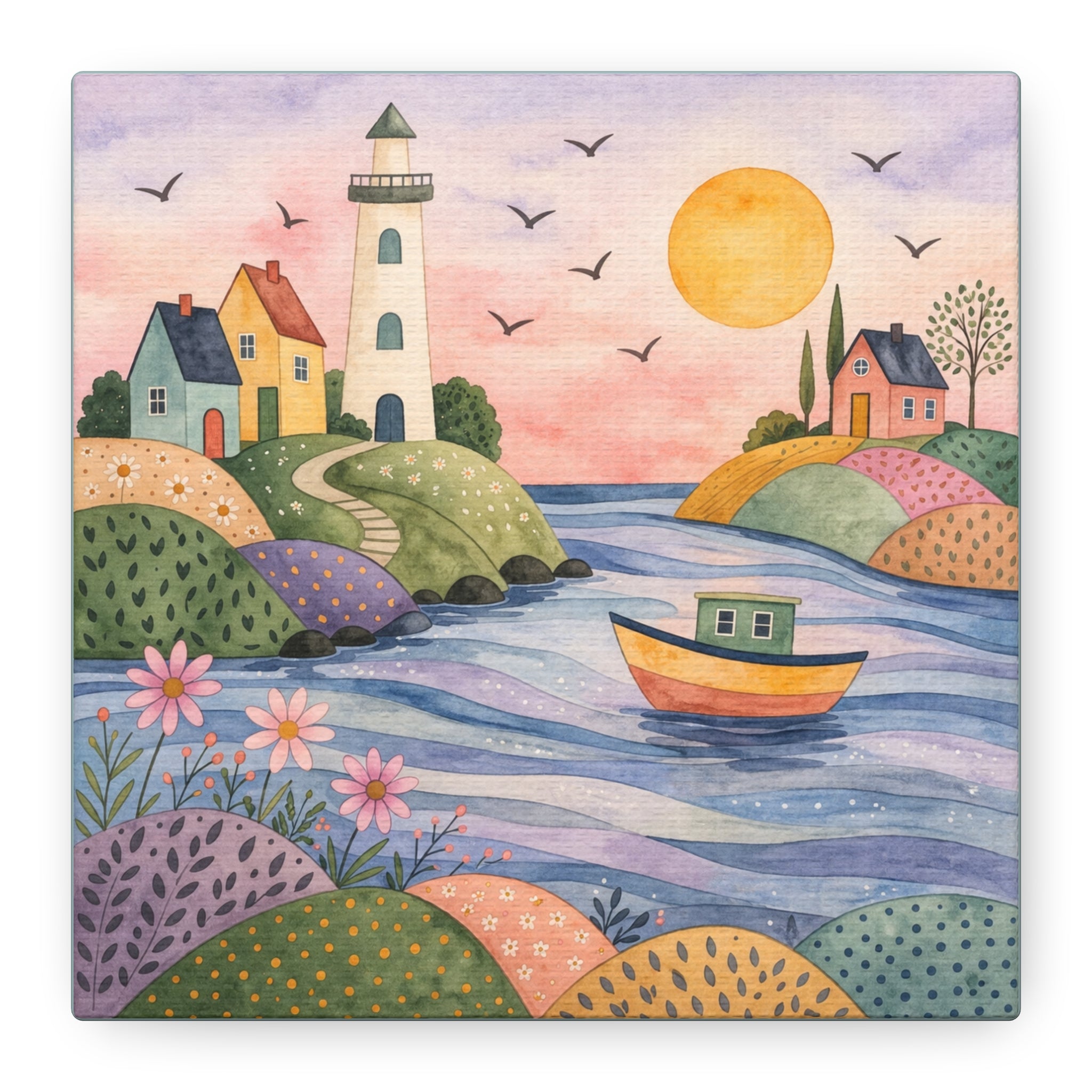 Coastal Lighthouse Art Canvas - Whimsical Seaside Watercolor Wall Decor