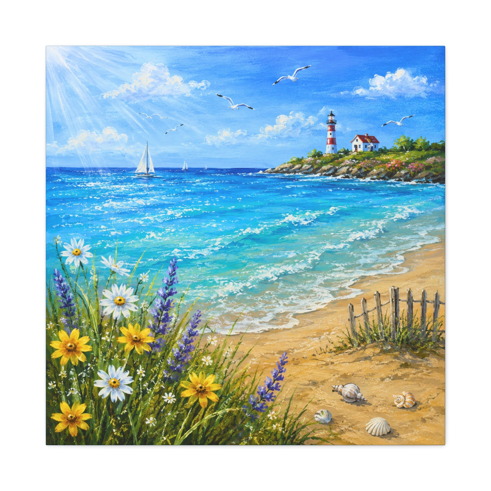 Coastal Lighthouse Beach Canvas Print — Seaside Floral Wall Art (Matte Stretched)