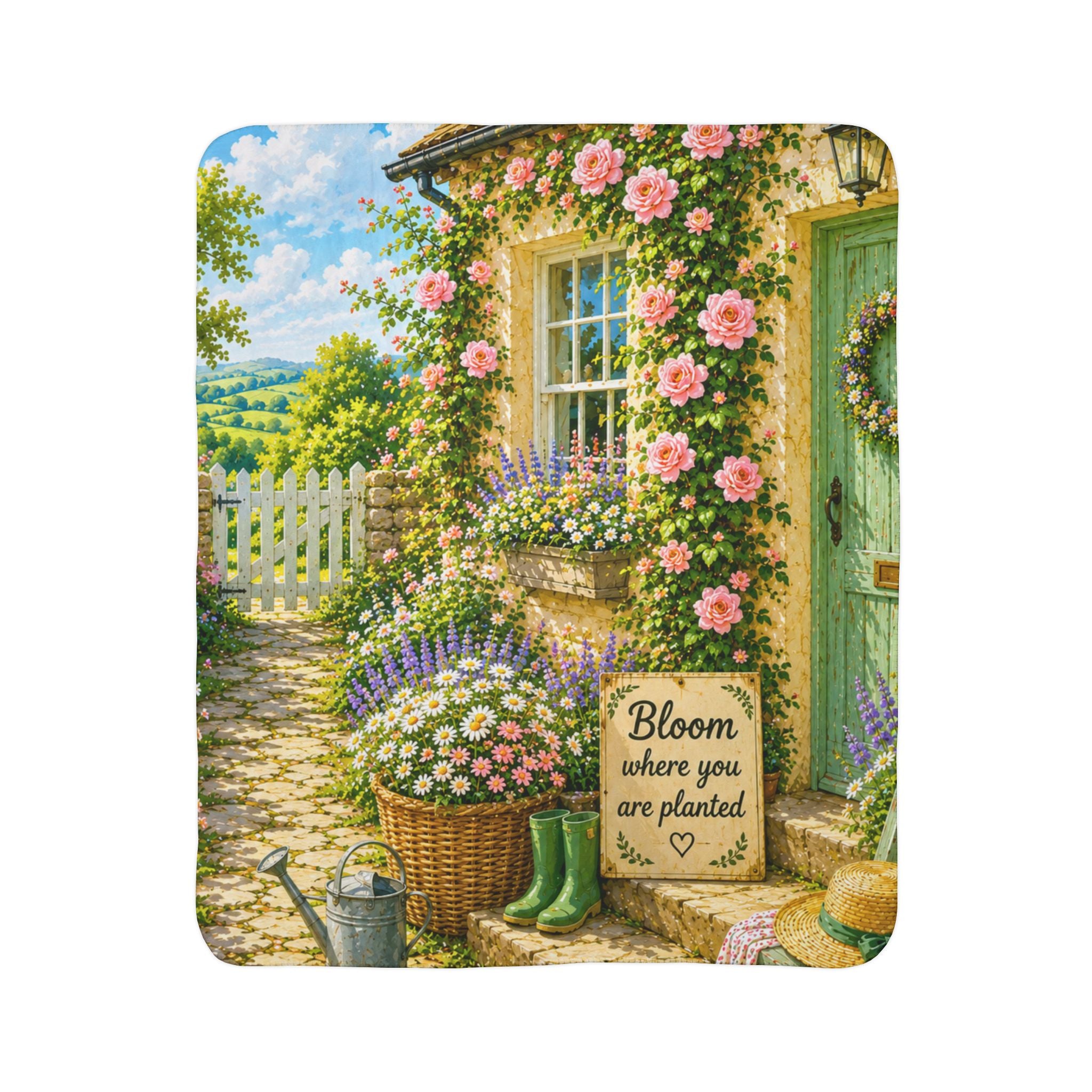 Bloom Where You’re Planted Sherpa Blanket — Cottage Garden Floral Fleece Throw