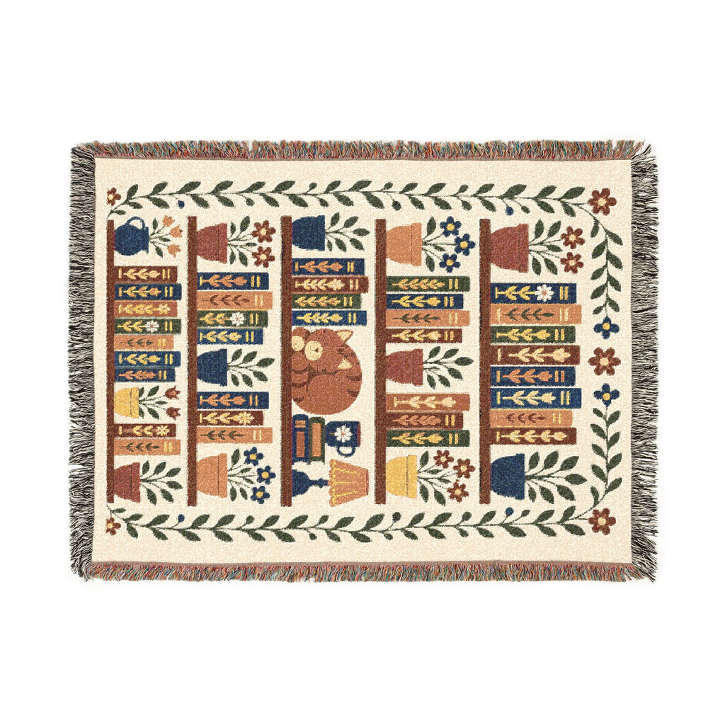 Library Bookcase with Cat Woven Throw Blanket — Cozy Reading Room Decor
