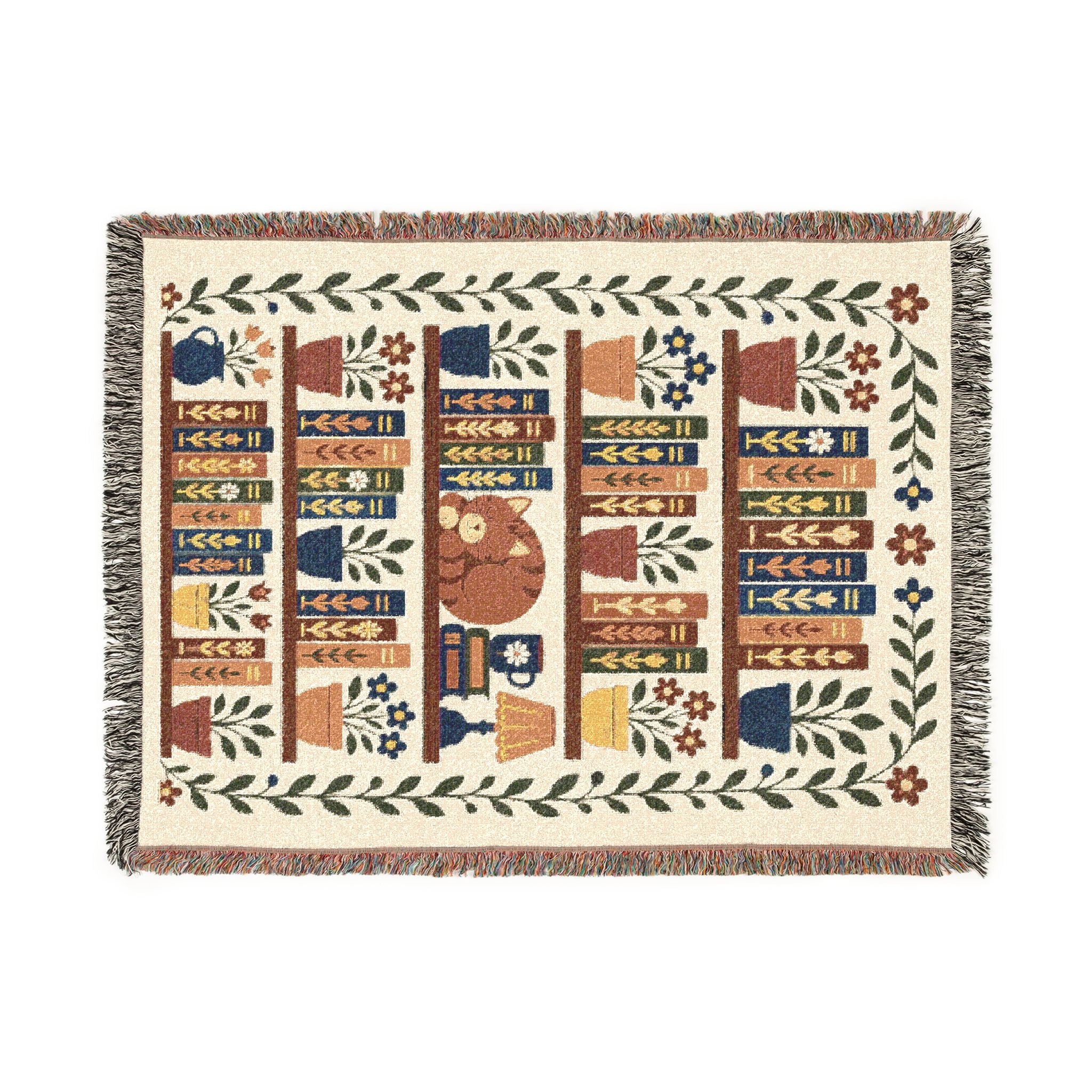 Library Bookcase with Cat Woven Throw Blanket — Cozy Reading Room Decor