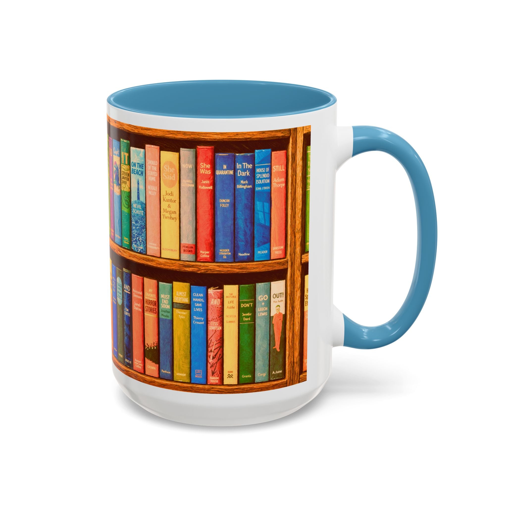 Booklover Accent Coffee Mug – Colorful Bookshelf Design (15 oz)