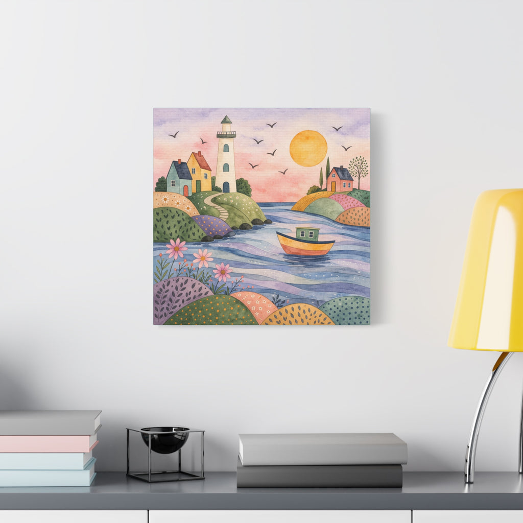 Coastal Lighthouse Art Canvas - Whimsical Seaside Watercolor Wall Decor