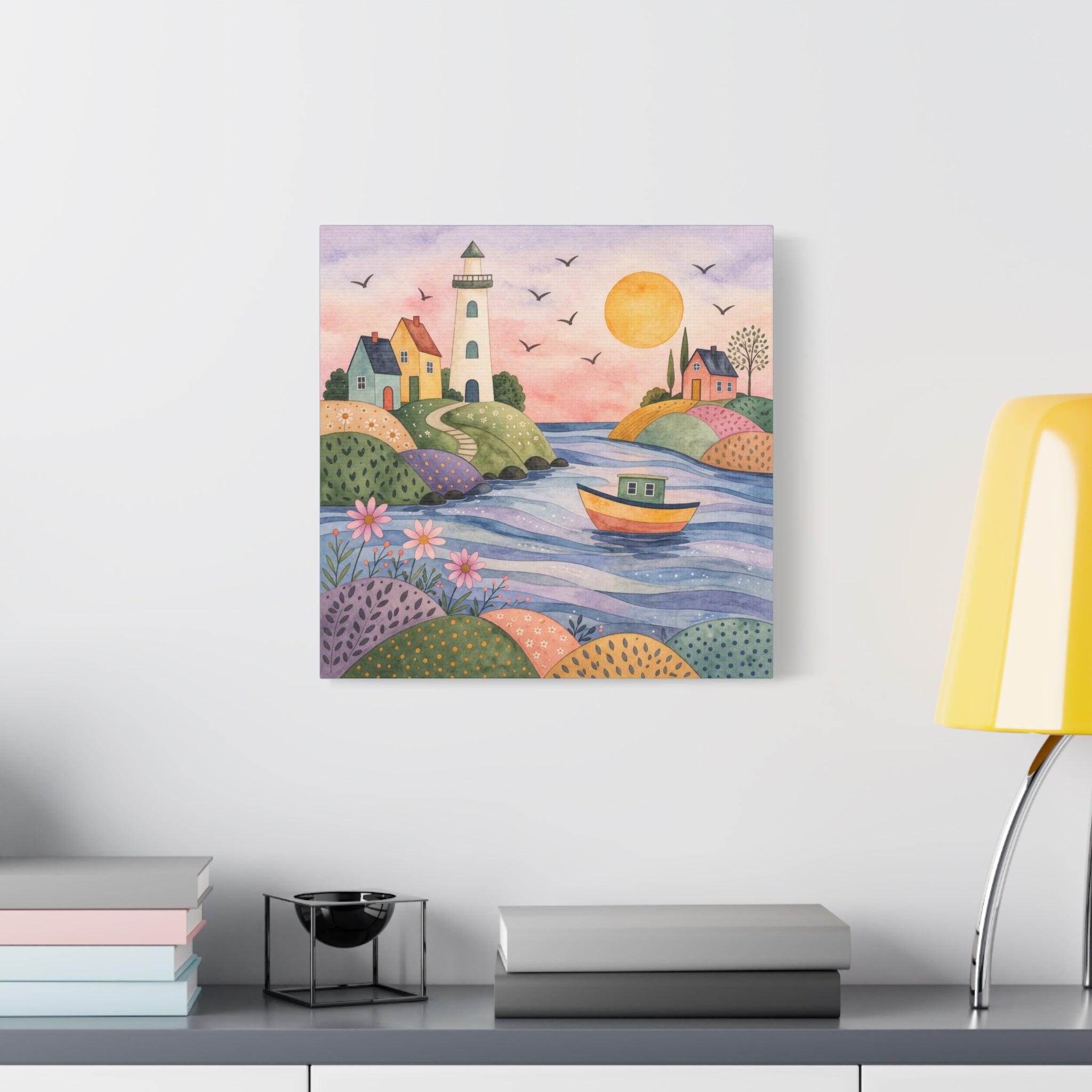 Coastal Lighthouse Art Canvas - Whimsical Seaside Watercolor Wall Decor