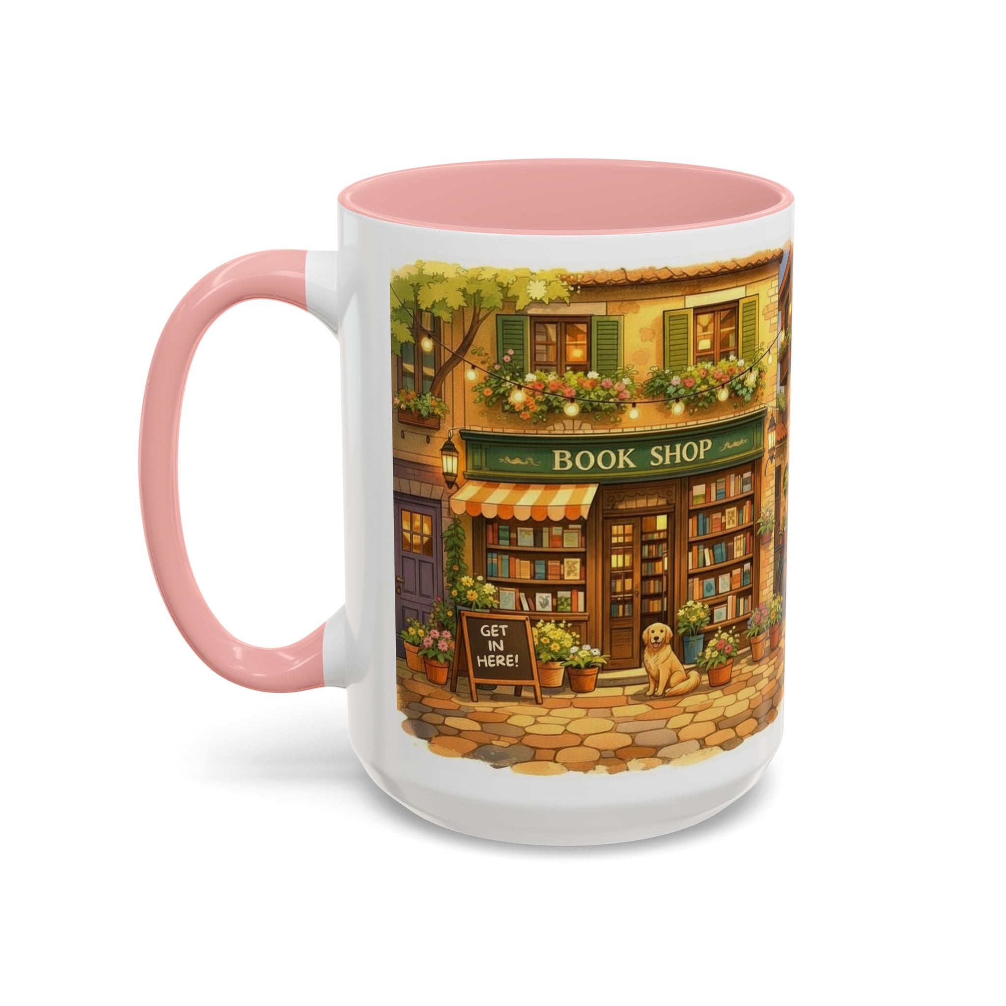 Bookshop Coffee Mug — Cozy Village Bookstore Illustration Accent Mug for Book and Dog Lovers (15oz)