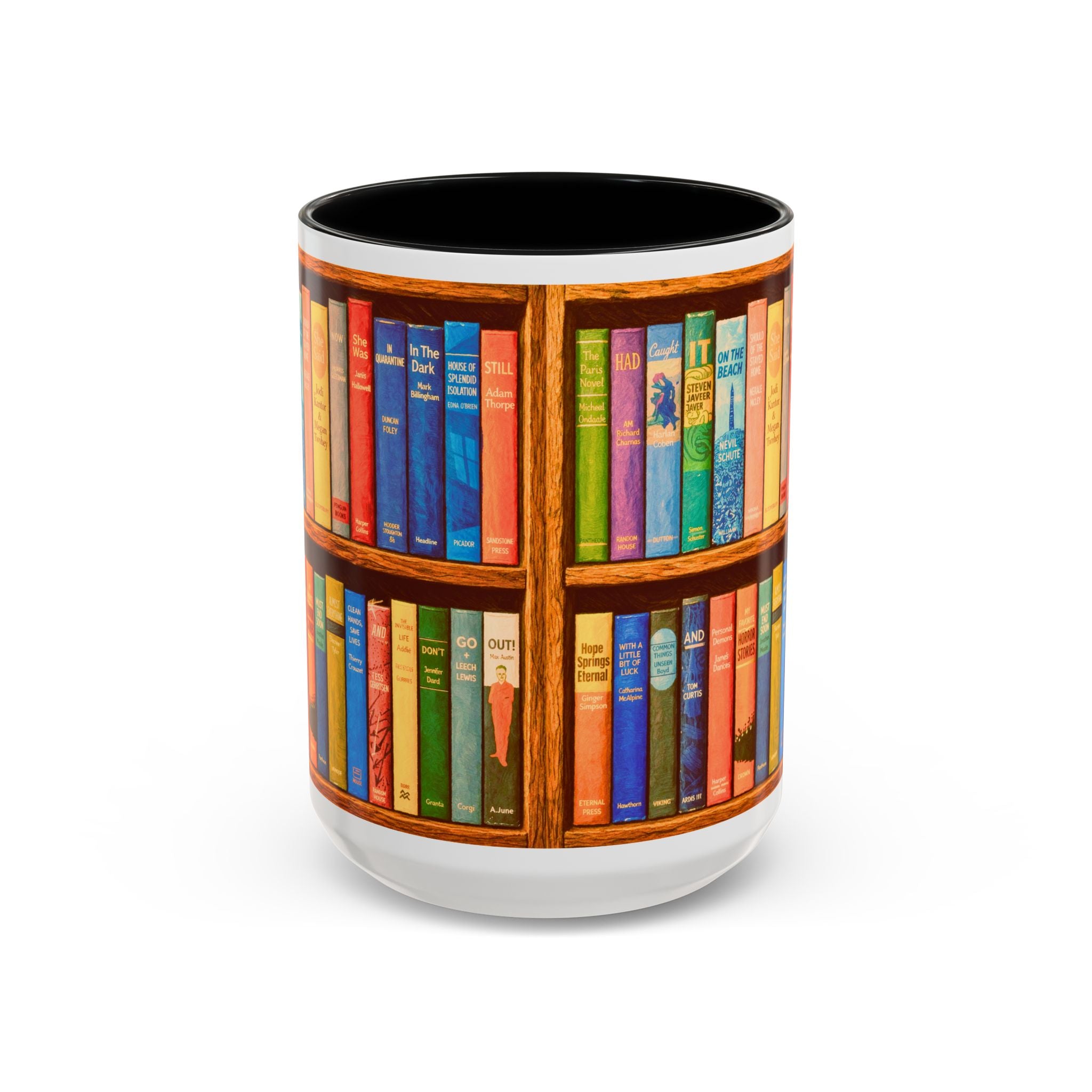 Booklover Accent Coffee Mug – Colorful Bookshelf Design (15 oz)