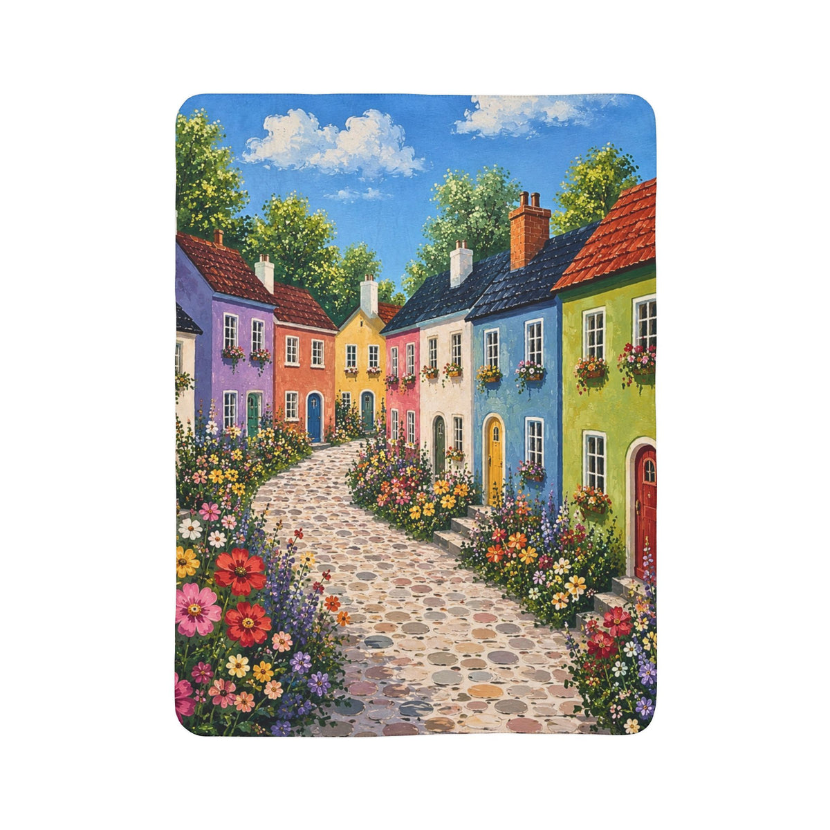 Colorful Cottage Path Fleece Sherpa Blanket — Cozy Floral Village Throw