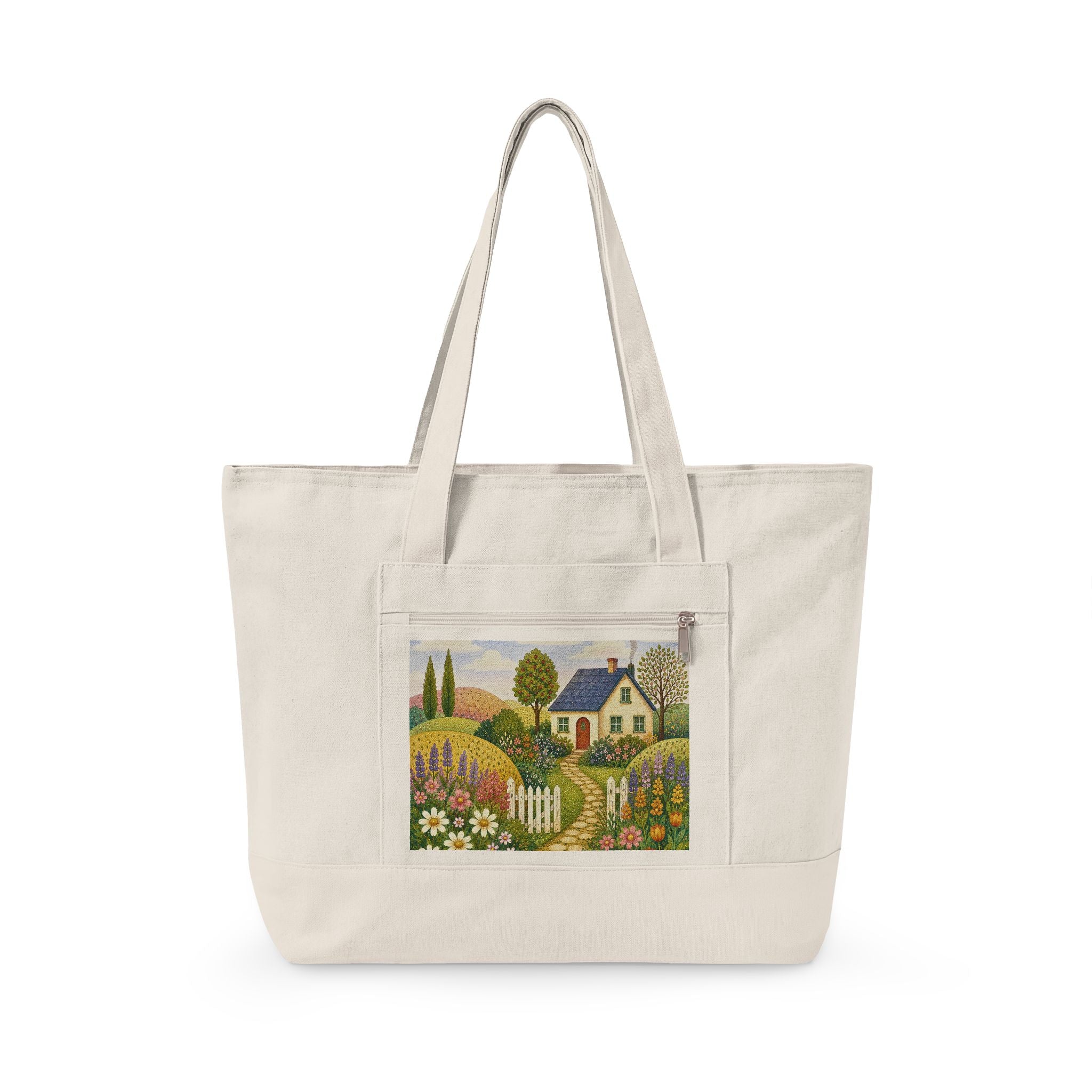 Canvas Tote Bag – Charming Cottage Garden illustration, Zippered Canvas Tote for Market, Beach & Everyday