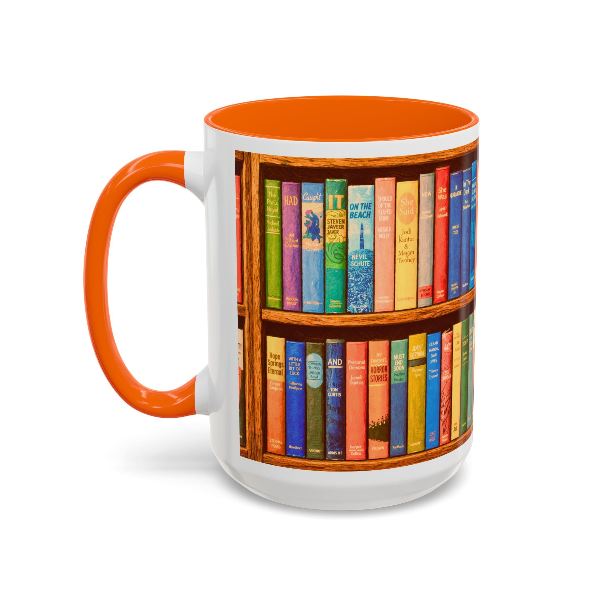 Booklover Accent Coffee Mug – Colorful Bookshelf Design (15 oz)
