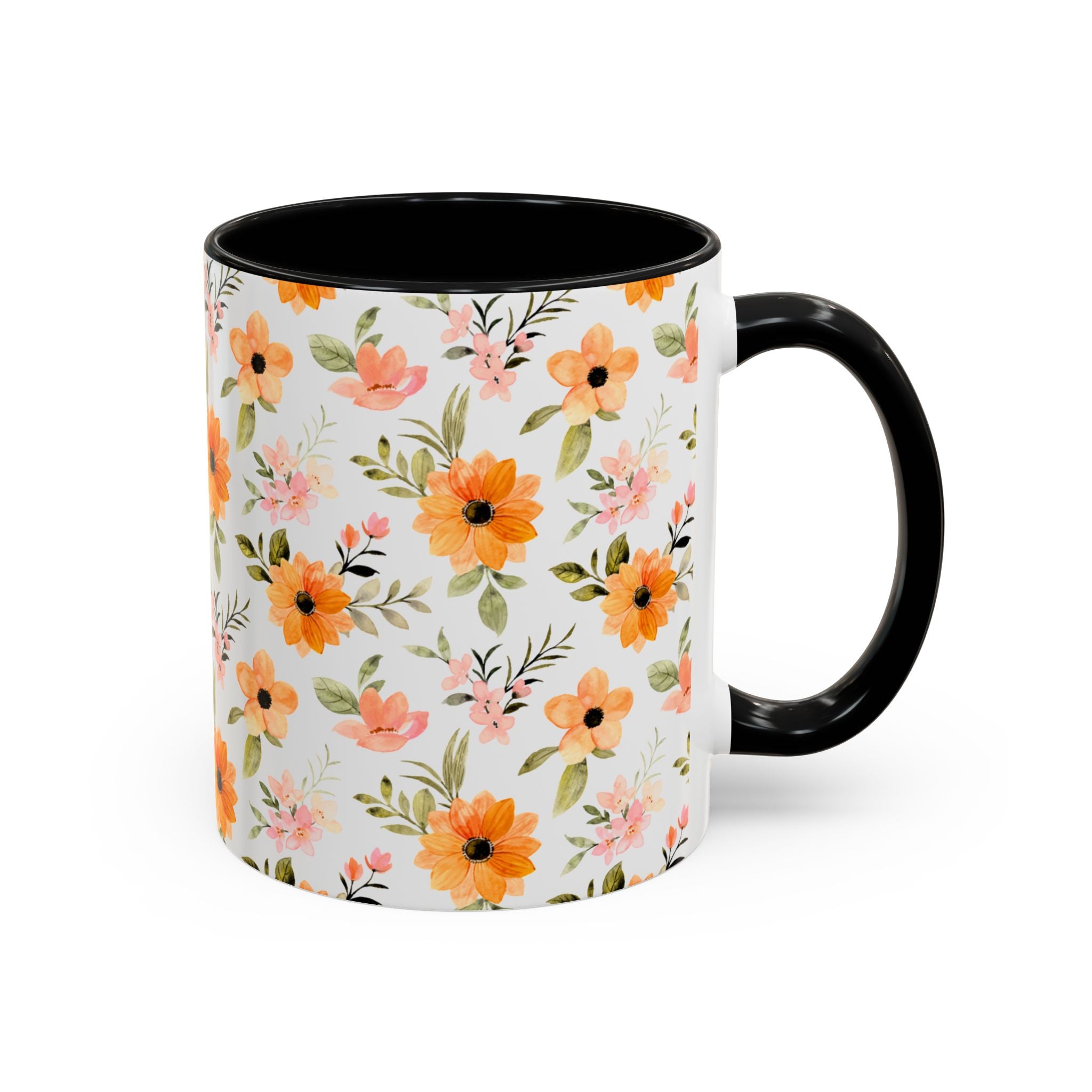 Floral Orange Watercolor Accent Mug — Bright Spring Coffee Cup (11/15 oz)