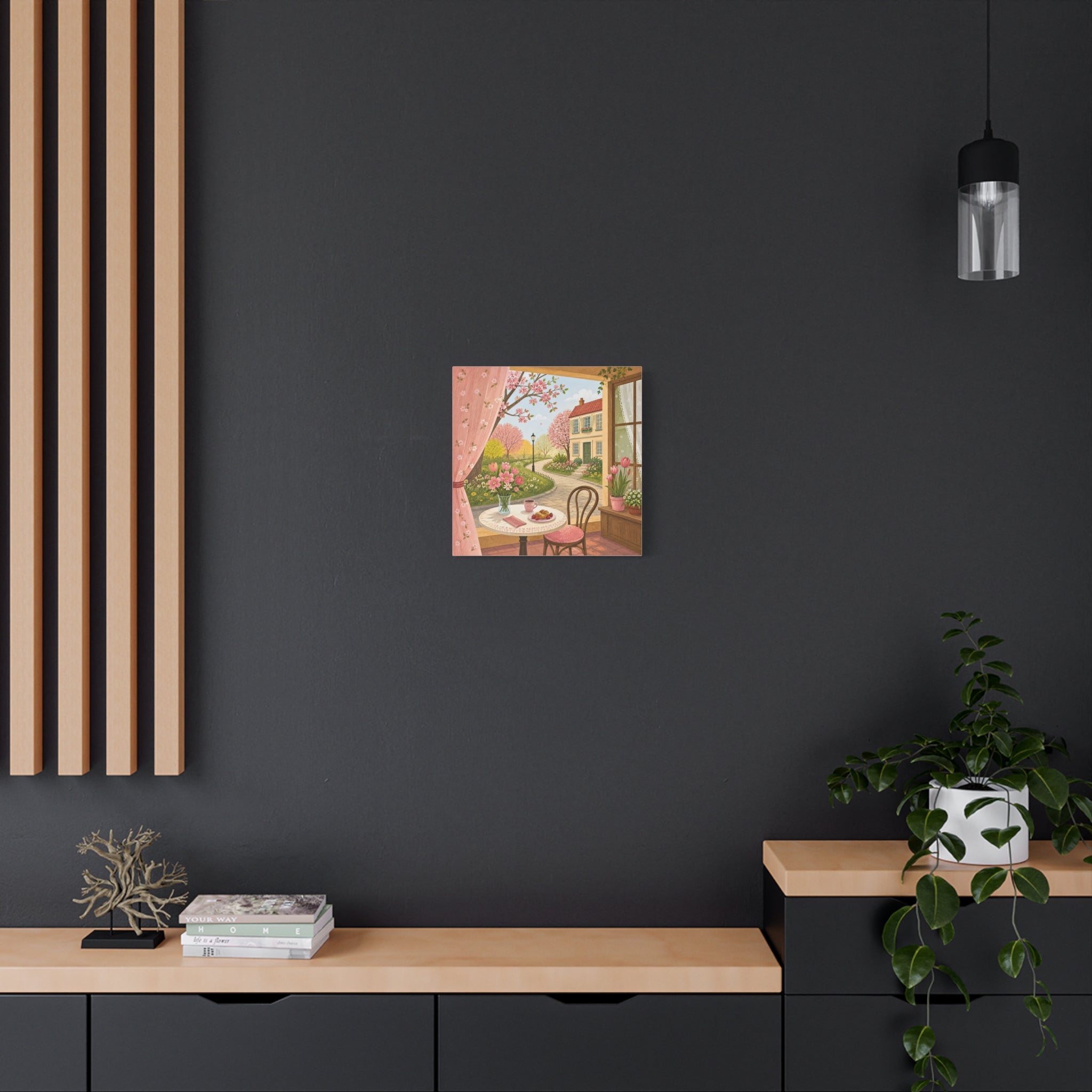 Spring Cottage Café Canvas Wall Art — Cozy Window Scene with Flowers and Pastries
