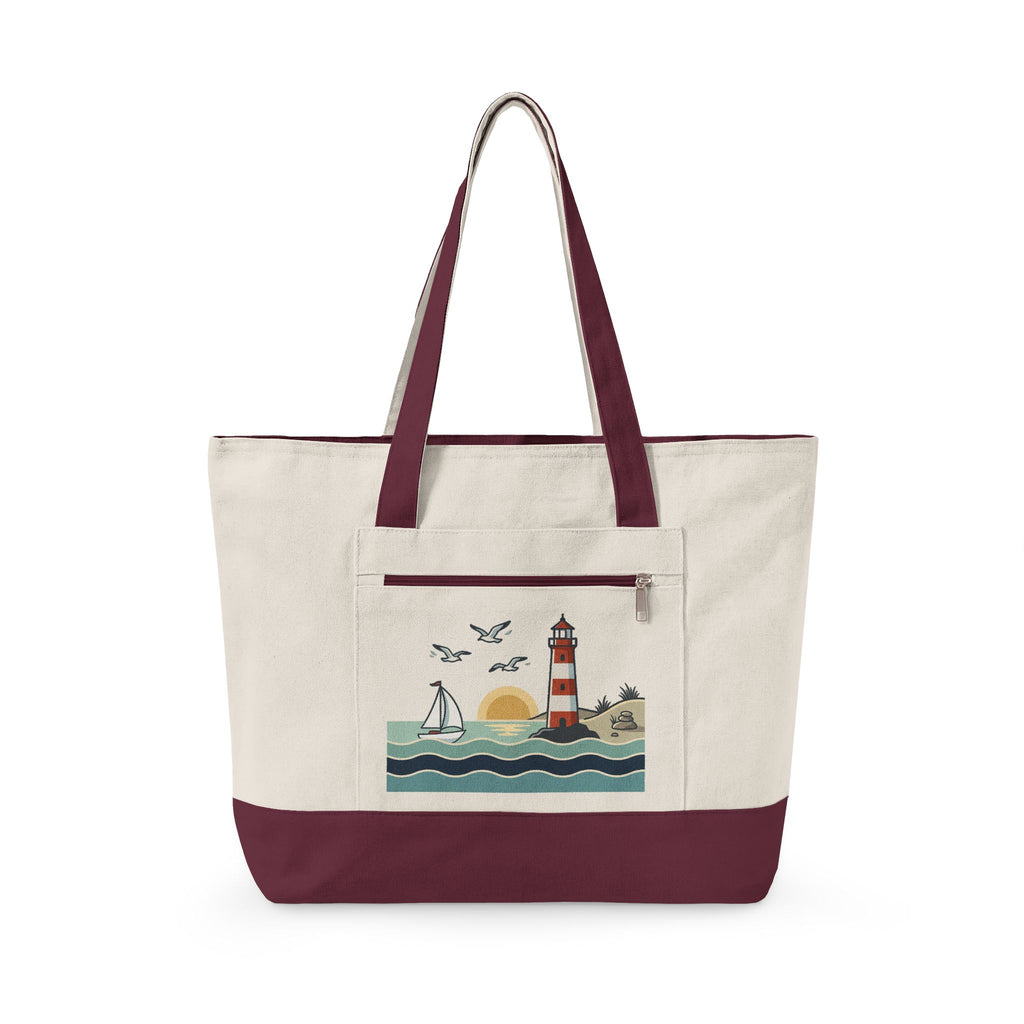 Lighthouse Sunset Canvas Tote Bag — Zippered Beach Tote with Sailboat Design