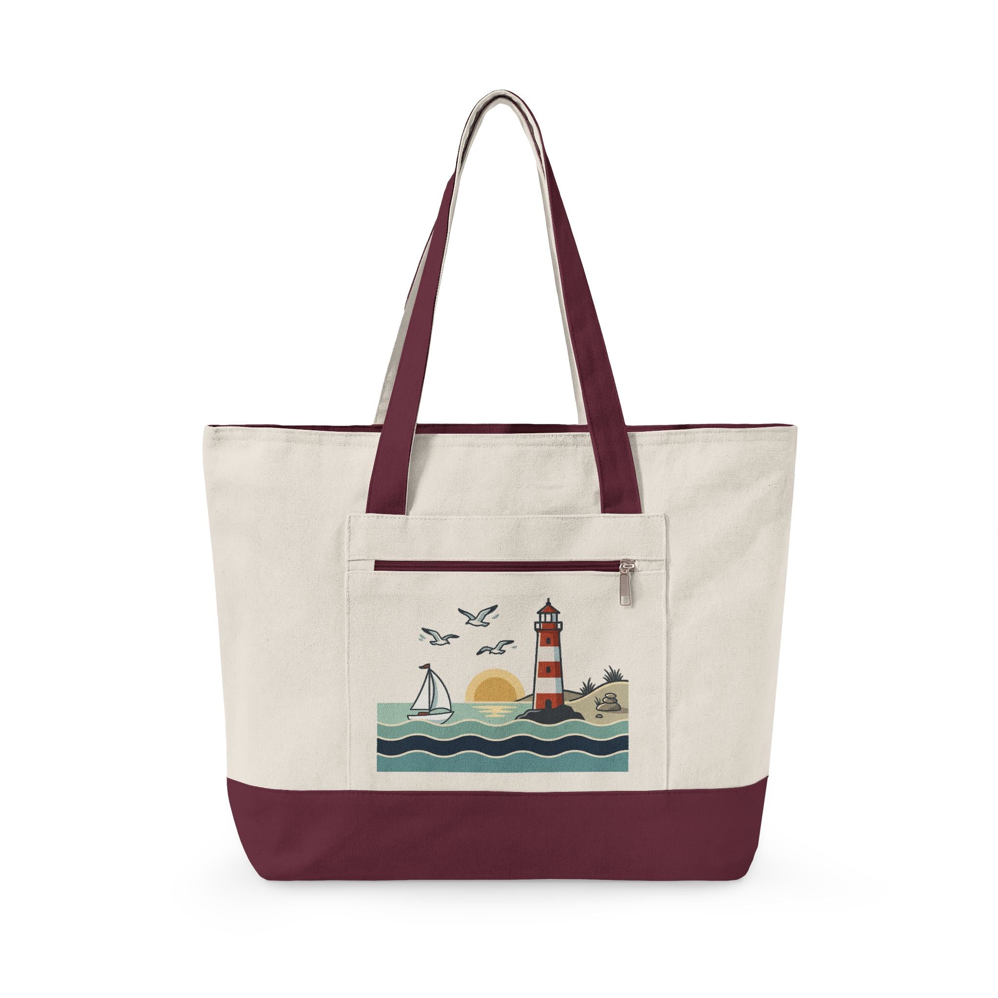 Lighthouse Sunset Canvas Tote Bag — Zippered Beach Tote with Sailboat Design