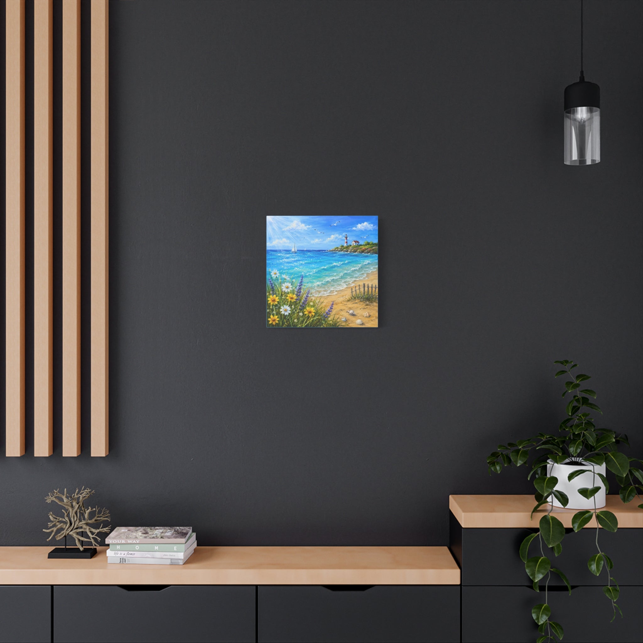 Coastal Lighthouse Beach Canvas Print — Seaside Floral Wall Art (Matte Stretched)