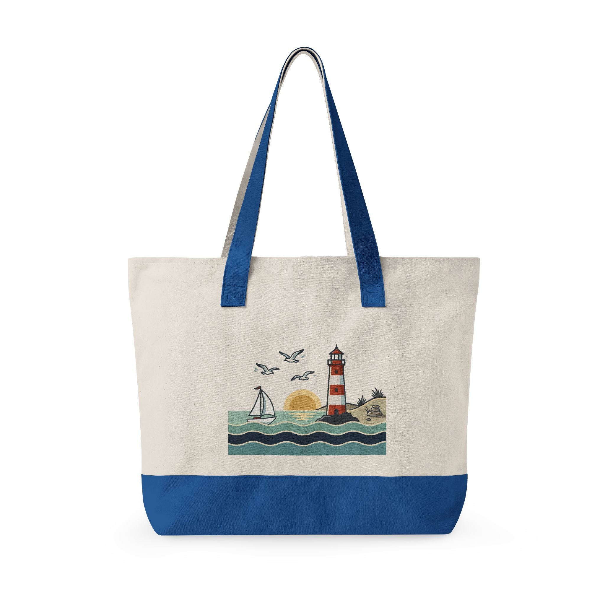 Lighthouse Sunset Canvas Tote Bag — Zippered Beach Tote with Sailboat Design