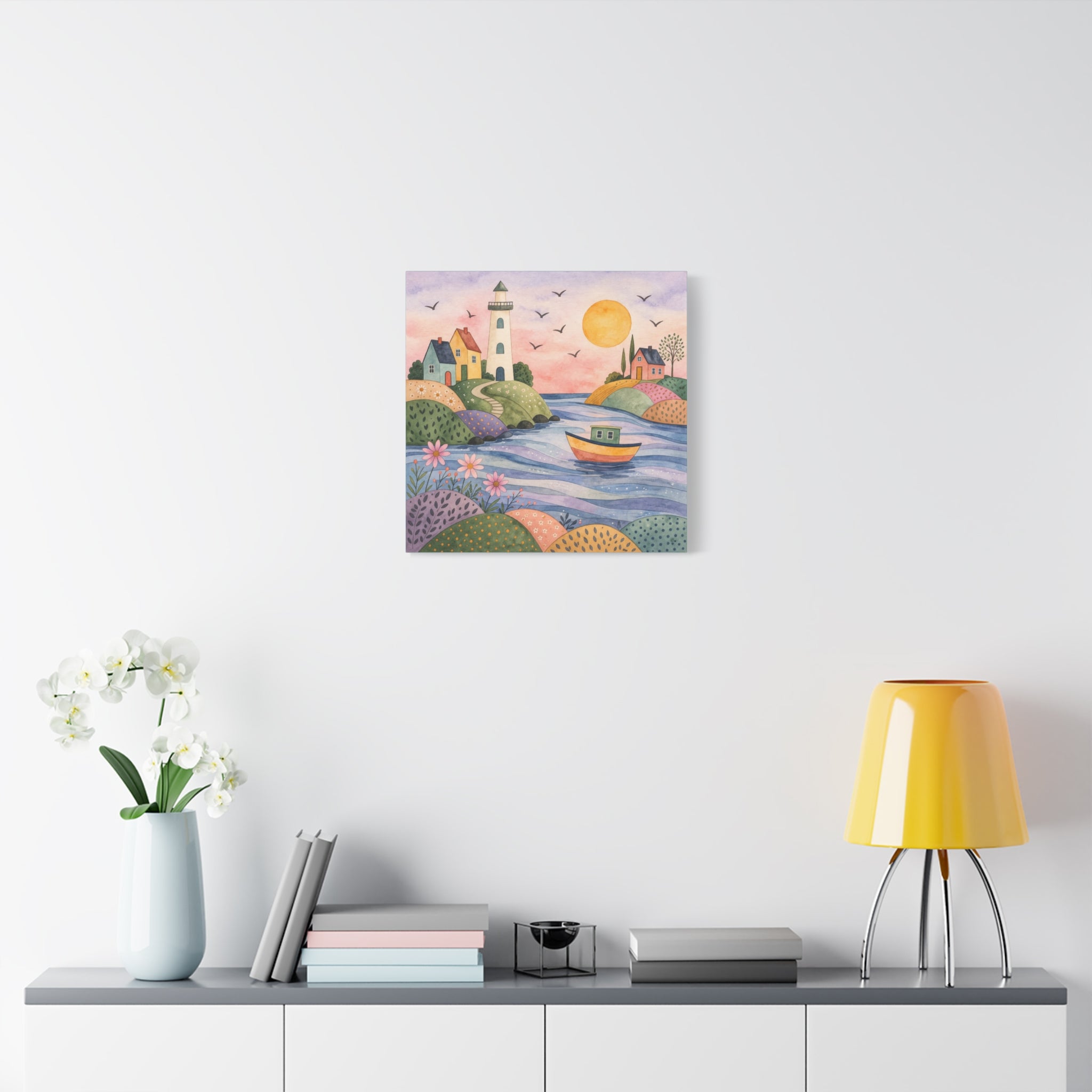 Coastal Lighthouse Art Canvas - Whimsical Seaside Watercolor Wall Decor