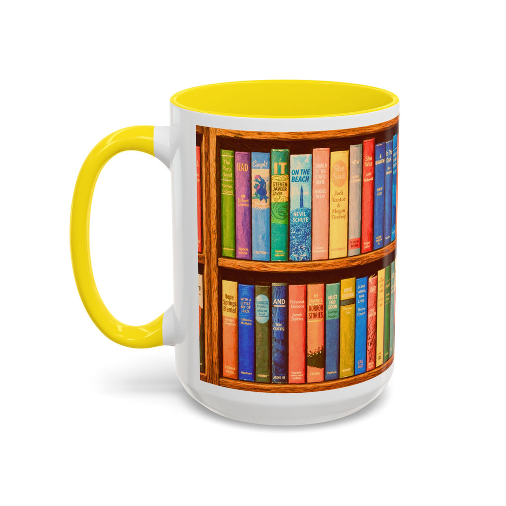 Booklover Accent Coffee Mug – Colorful Bookshelf Design (15 oz)