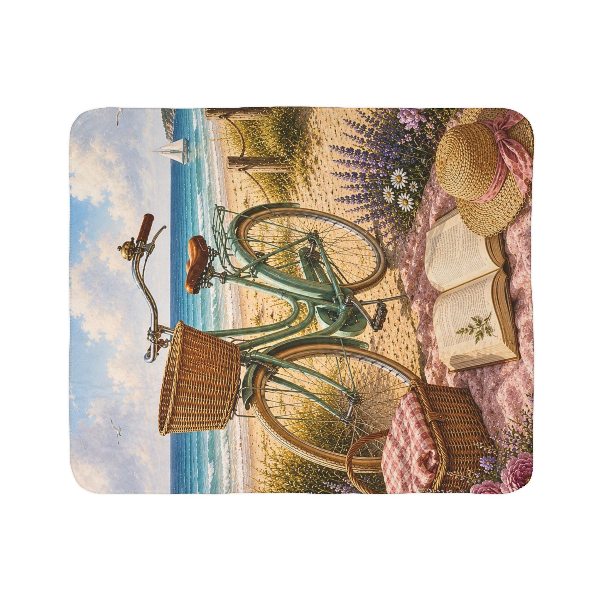 Sherpa Blanket — Coastal Bicycle Beach Scene Fleece Throw