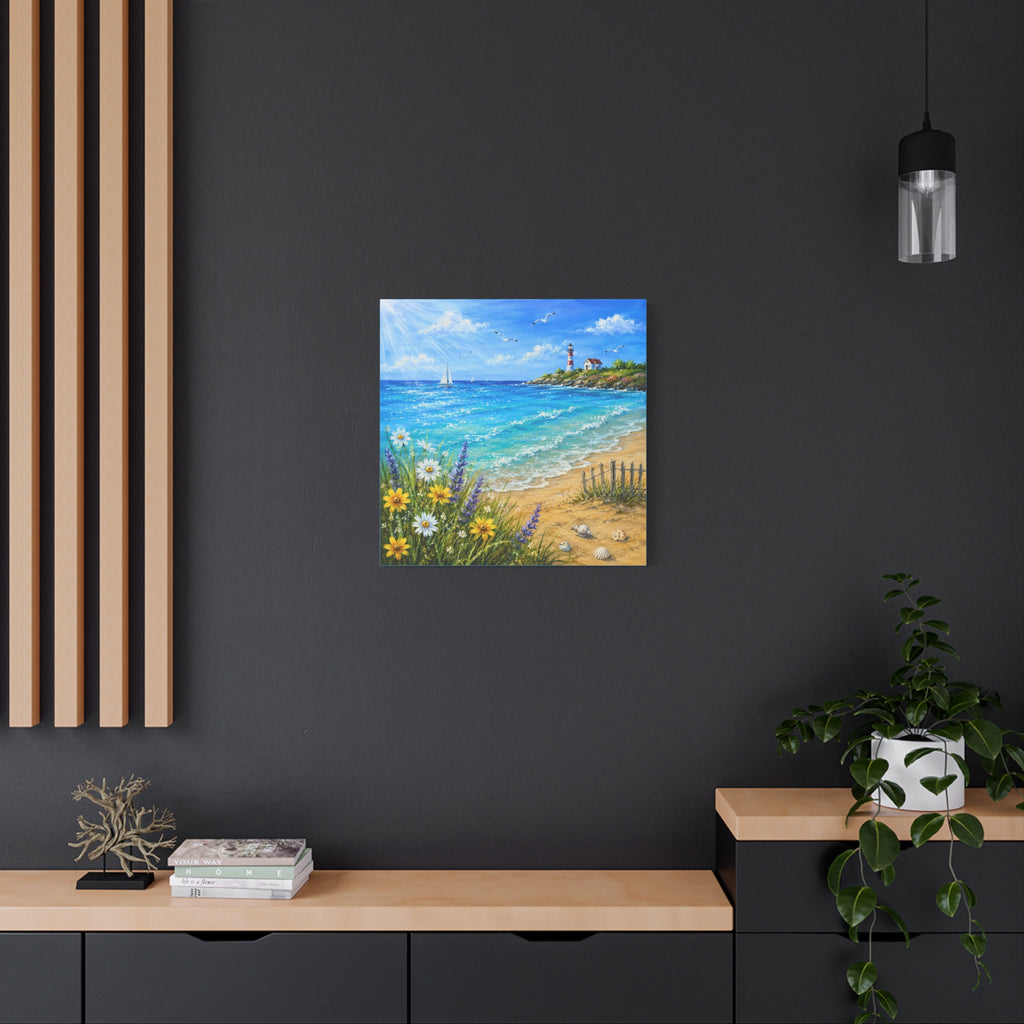 Coastal Lighthouse Beach Canvas Print — Seaside Floral Wall Art (Matte Stretched)