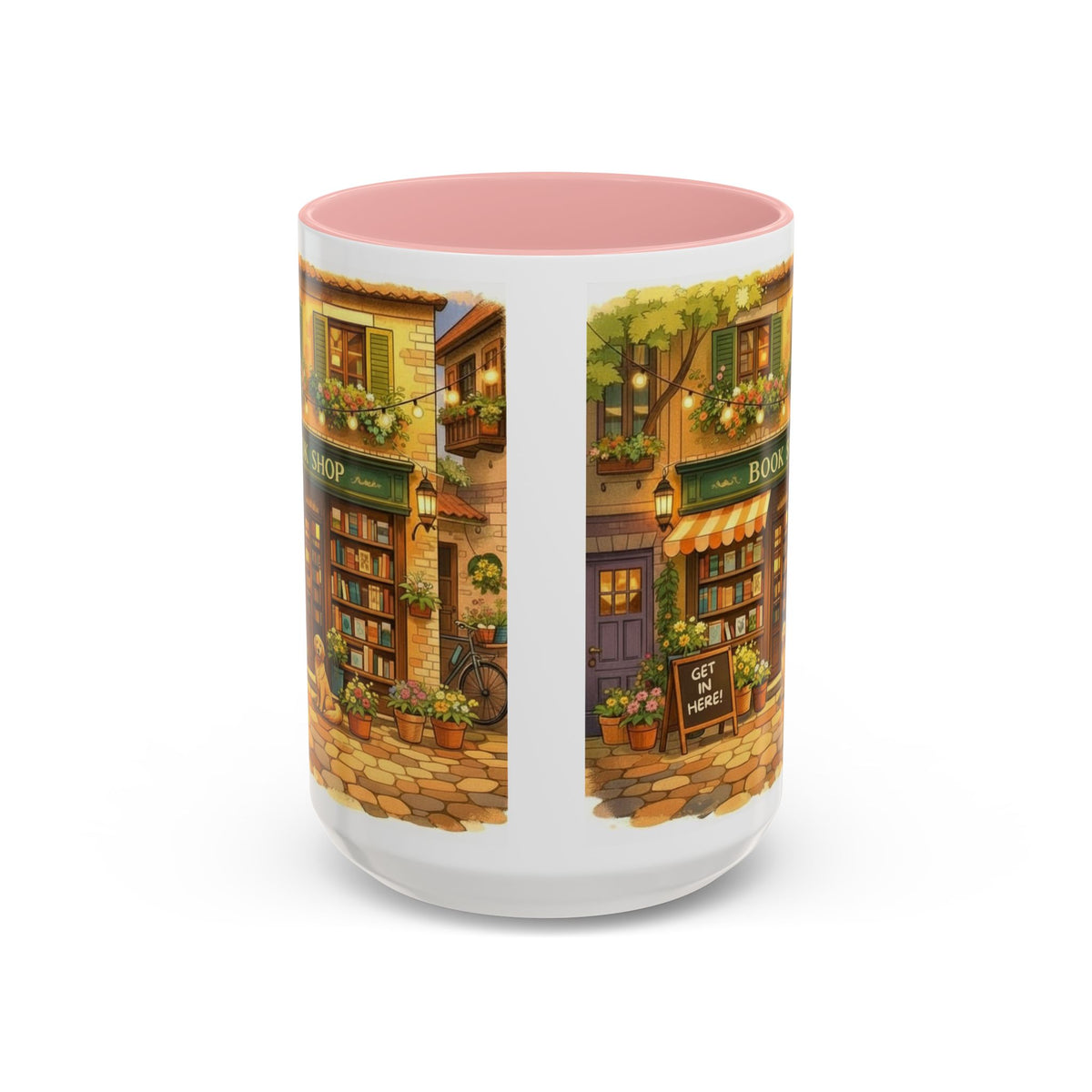 Bookshop Coffee Mug — Cozy Village Bookstore Illustration Accent Mug for Book and Dog Lovers (15oz)