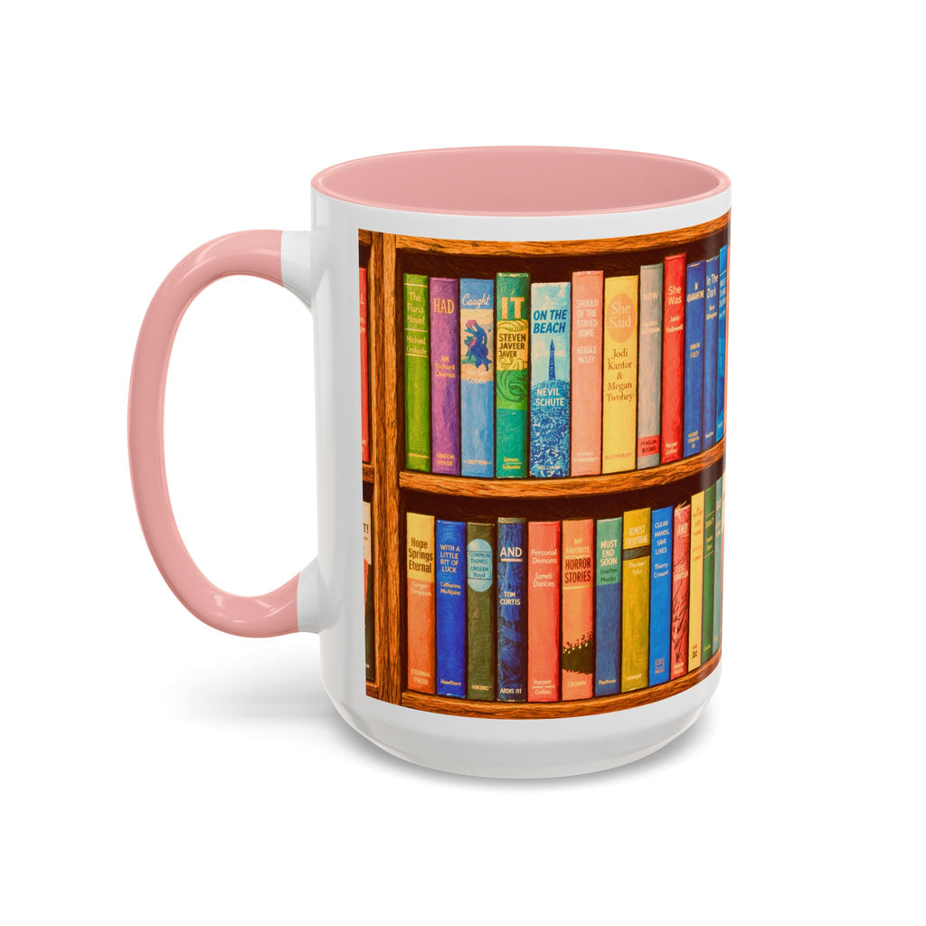 Booklover Accent Coffee Mug – Colorful Bookshelf Design (15 oz)