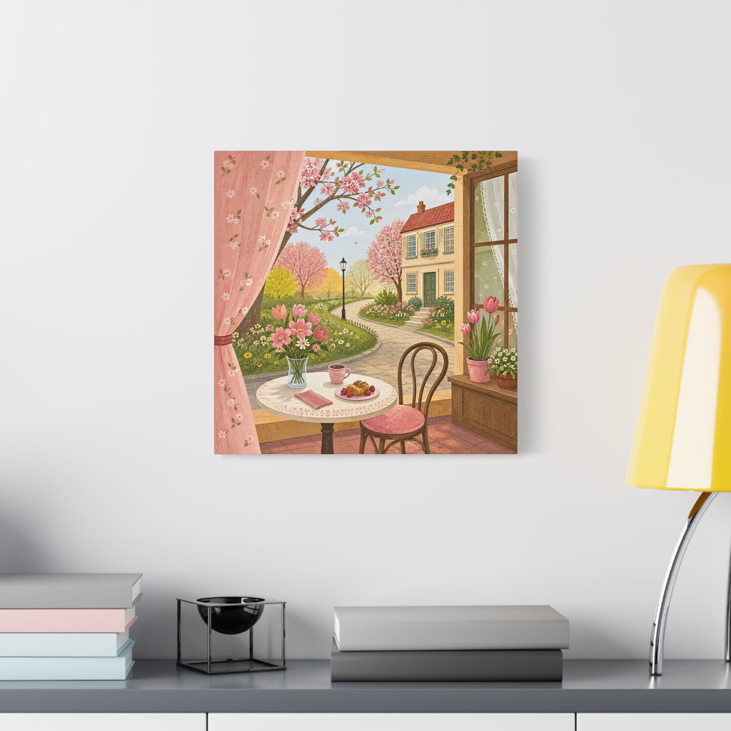 Spring Cottage Café Canvas Wall Art — Cozy Window Scene with Flowers and Pastries