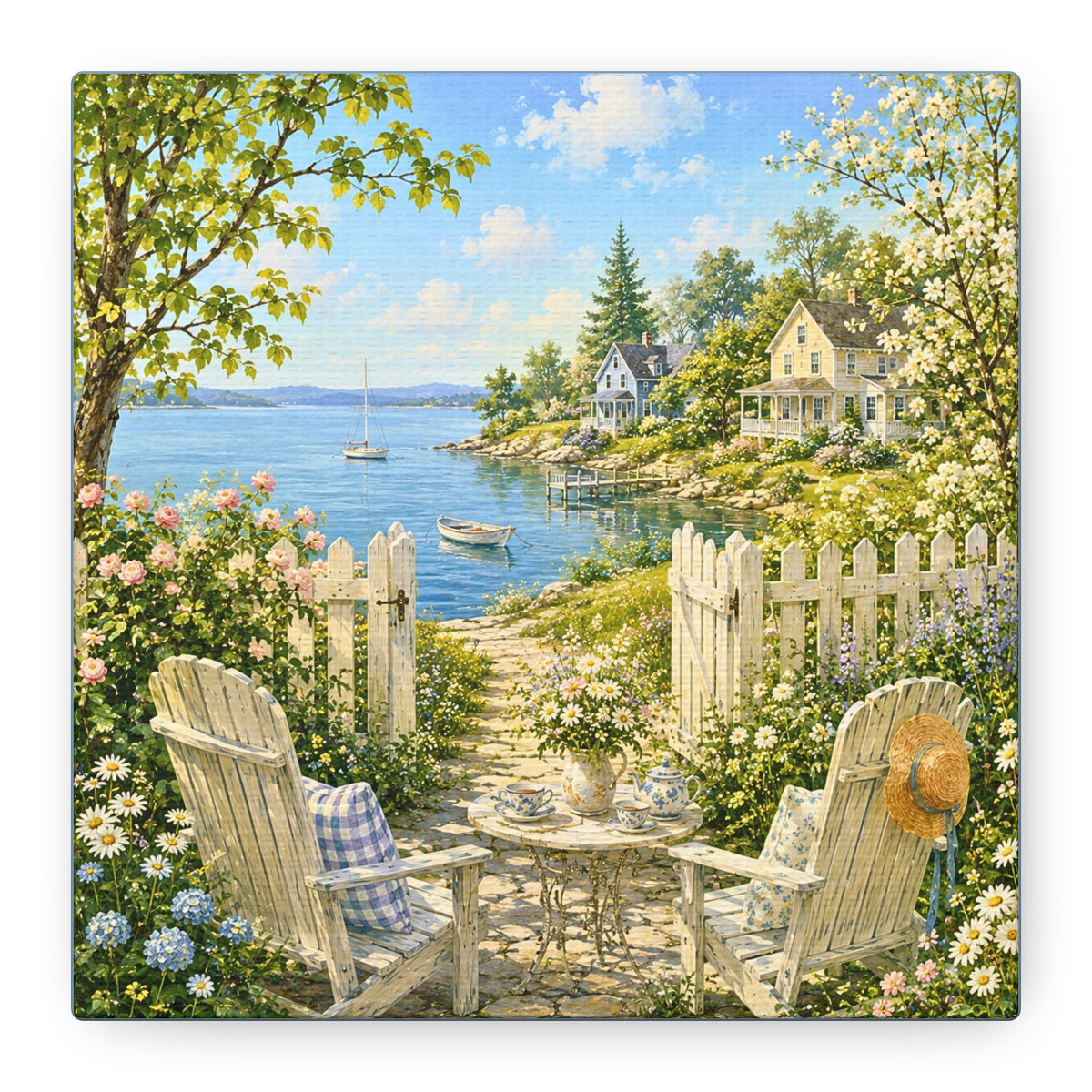 Seaside Cottage Canvas Art – Sunny Coastal Garden Path Matte Stretched Wall Decor