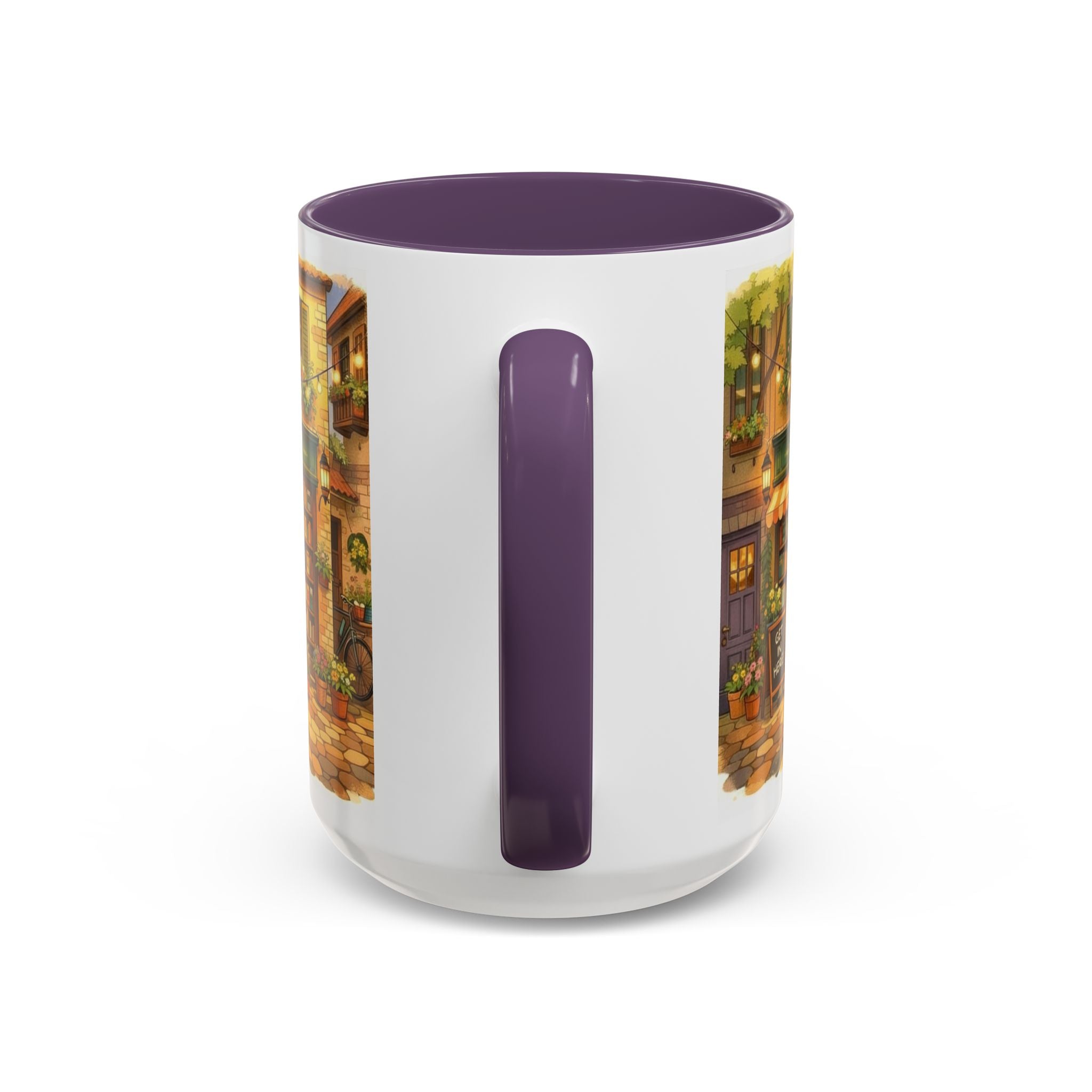 Bookshop Coffee Mug — Cozy Village Bookstore Illustration Accent Mug for Book and Dog Lovers (15oz)