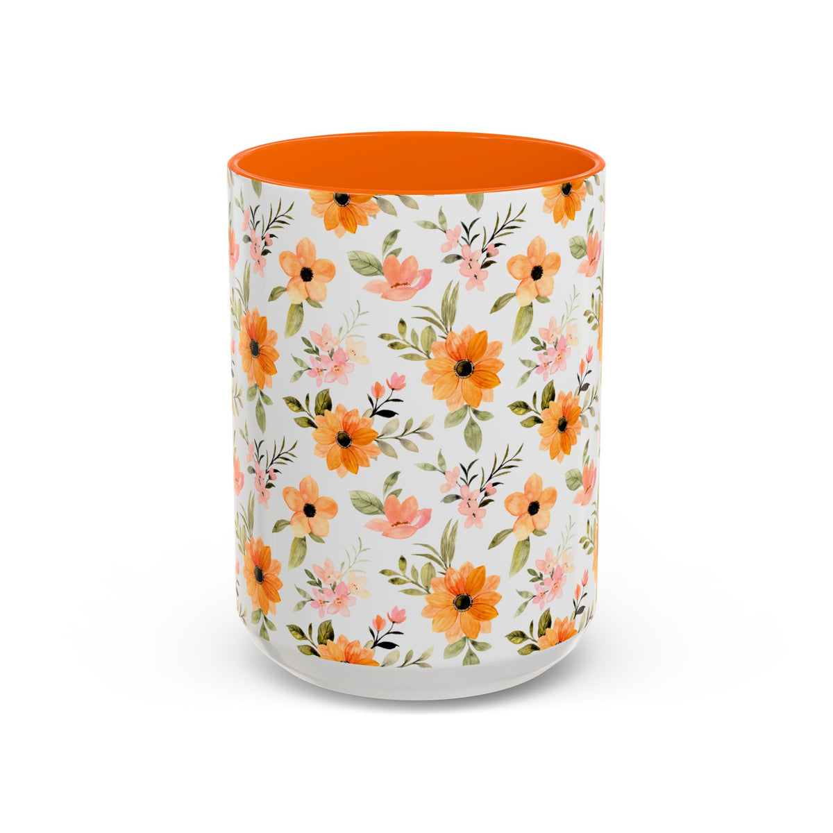 Floral Orange Watercolor Accent Mug — Bright Spring Coffee Cup (11/15 oz)