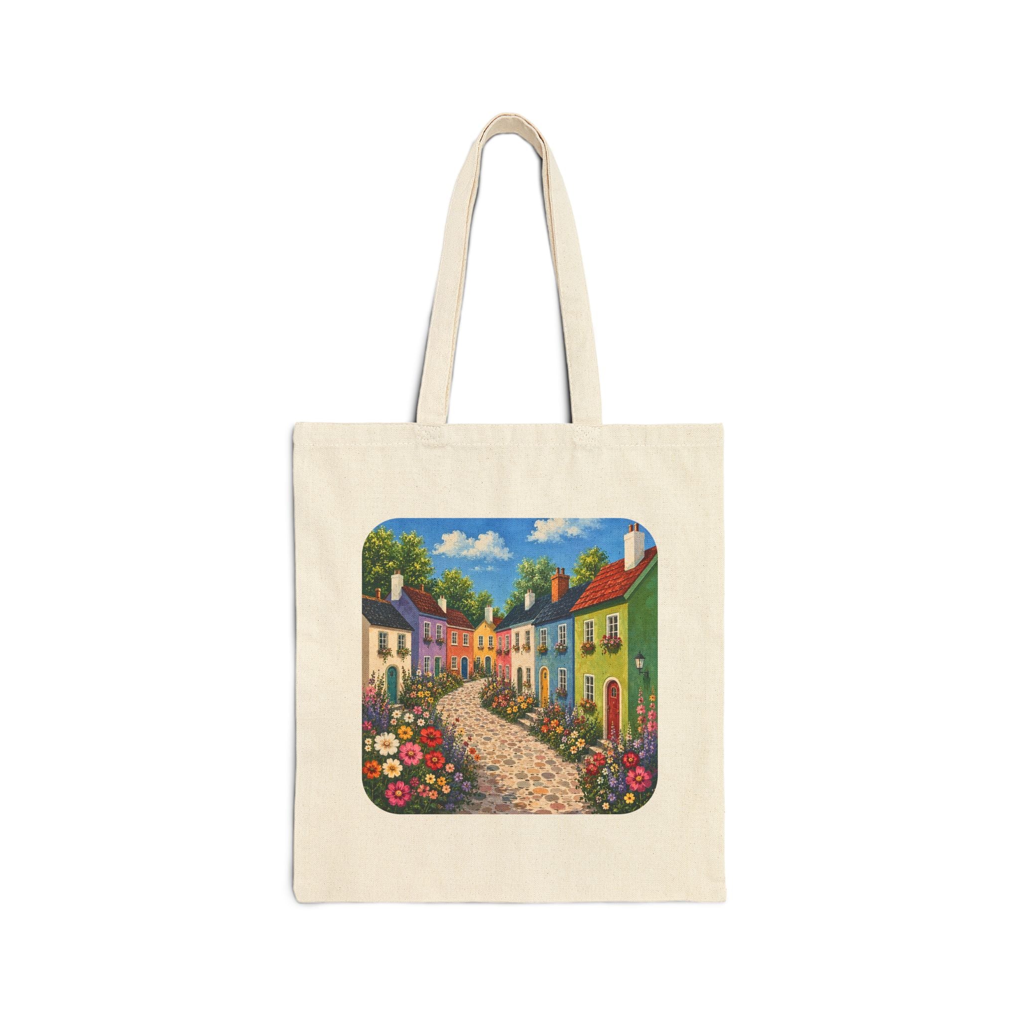 Cottage Lane Canvas Tote — Colorful Village Floral Market Bag