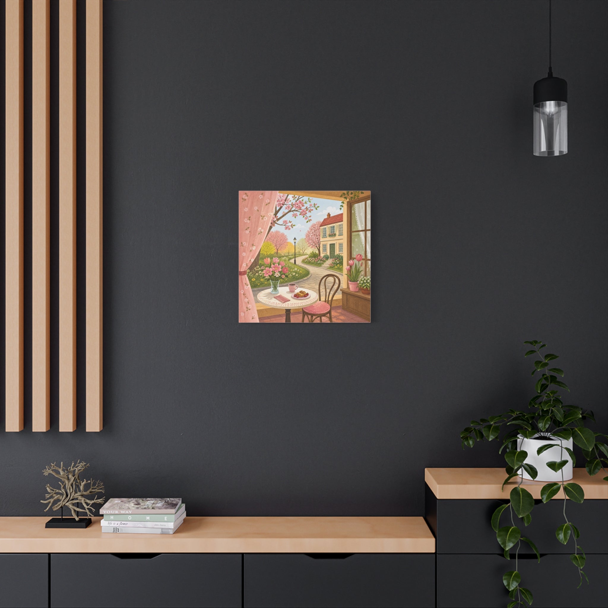 Spring Cottage Café Canvas Wall Art — Cozy Window Scene with Flowers and Pastries