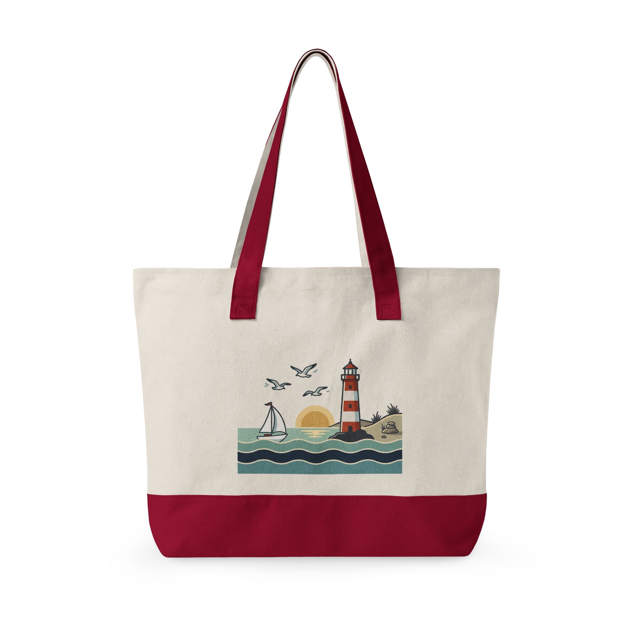 Lighthouse Sunset Canvas Tote Bag — Zippered Beach Tote with Sailboat Design