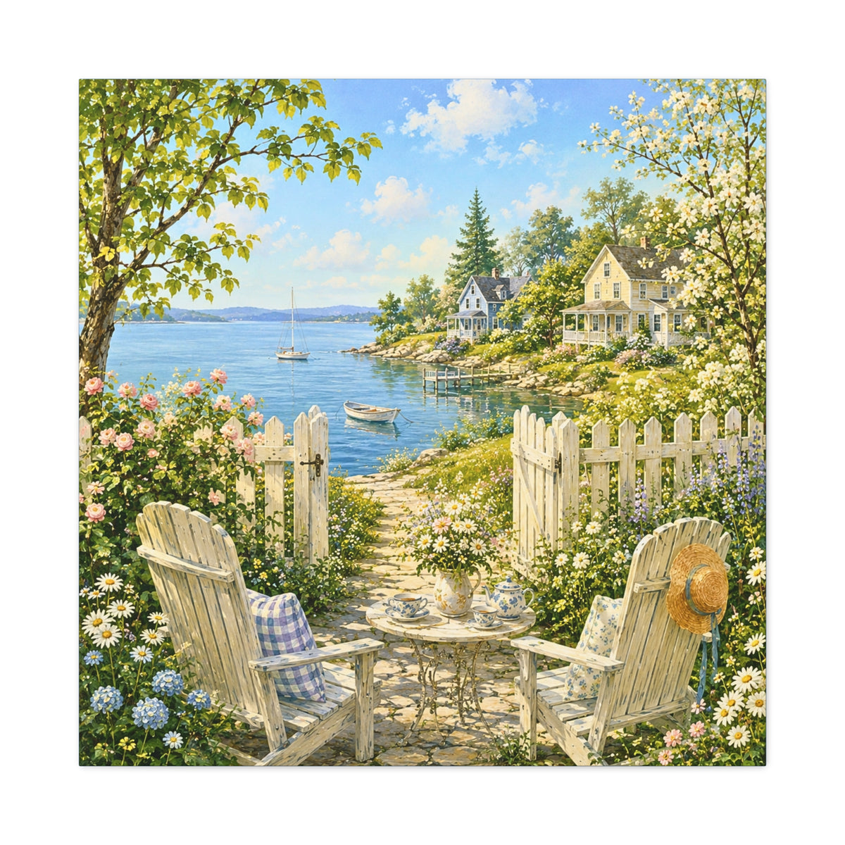 Seaside Cottage Canvas Art – Sunny Coastal Garden Path Matte Stretched Wall Decor