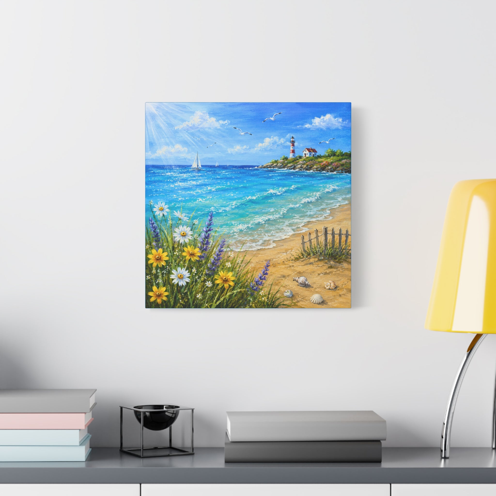Coastal Lighthouse Beach Canvas Print — Seaside Floral Wall Art (Matte Stretched)