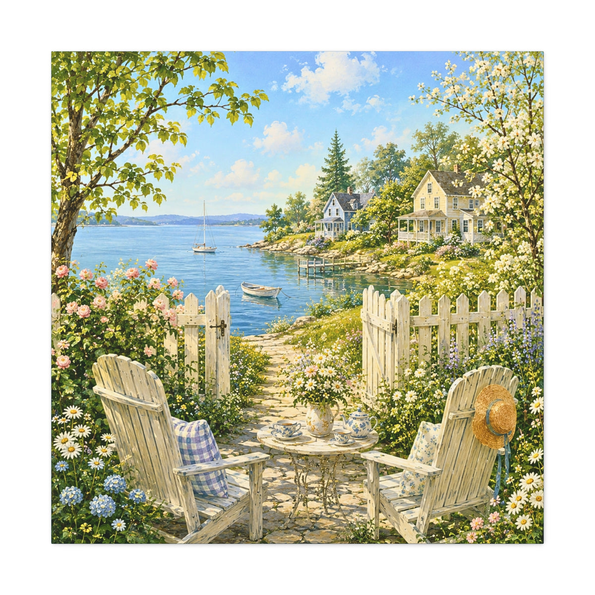 Seaside Cottage Canvas Art – Sunny Coastal Garden Path Matte Stretched Wall Decor