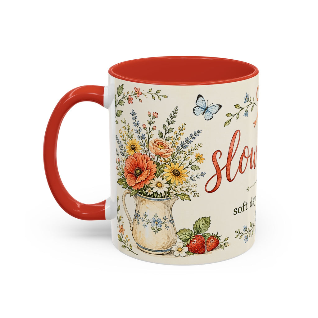 Slow Living Coffee Mug — "soft days, simple joys" Floral Accent Mug