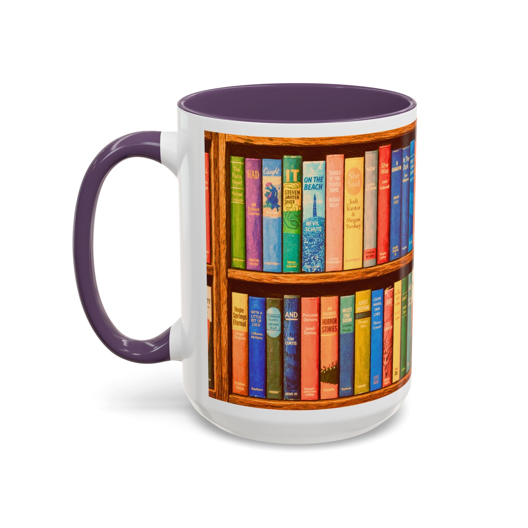 Booklover Accent Coffee Mug – Colorful Bookshelf Design (15 oz)