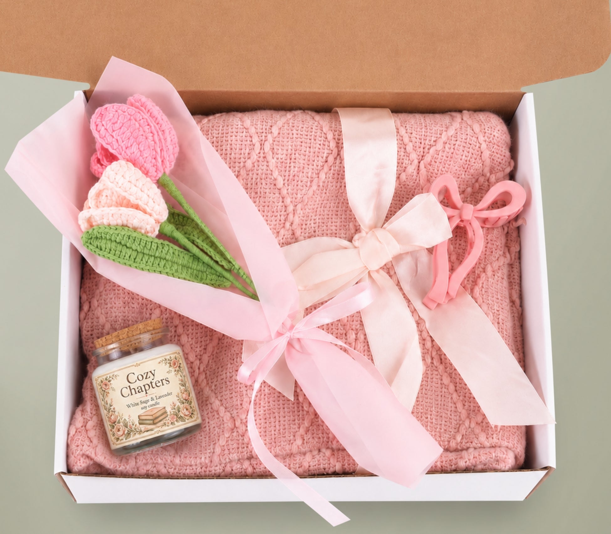 Blush & Bloom Gift Set — Cozy Chapters Candle, Crochet Bouquet, Plush Throw & Bow Clip