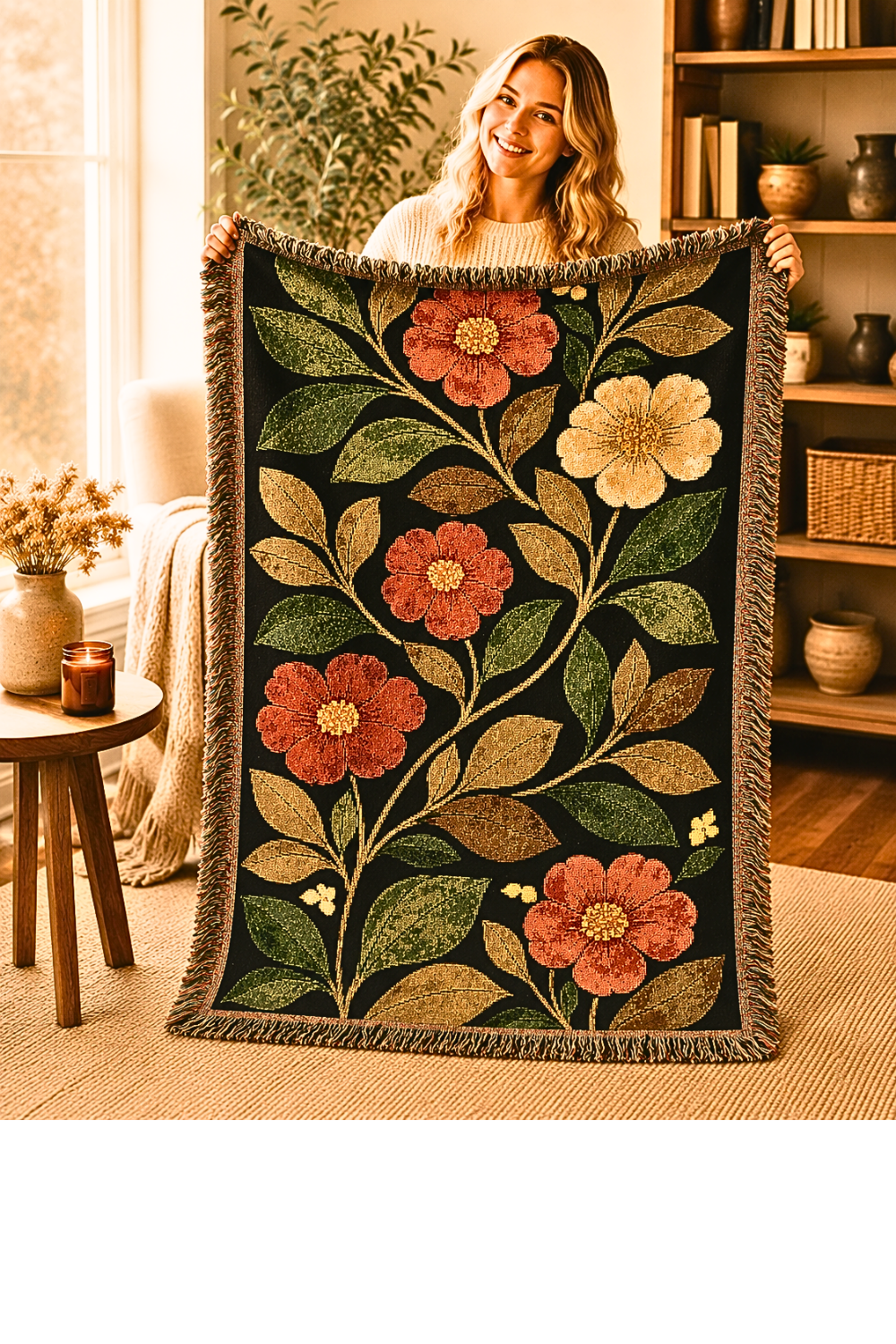 Floral Tapestry Woven Blanket — Vintage Botanical Throw for Living Room & Cozy Decor