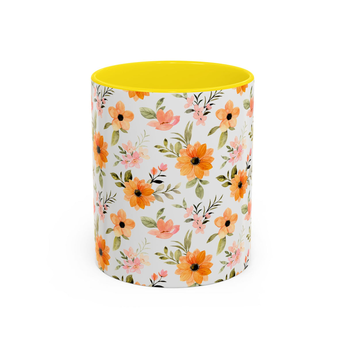 Floral Orange Watercolor Accent Mug — Bright Spring Coffee Cup (11/15 oz)