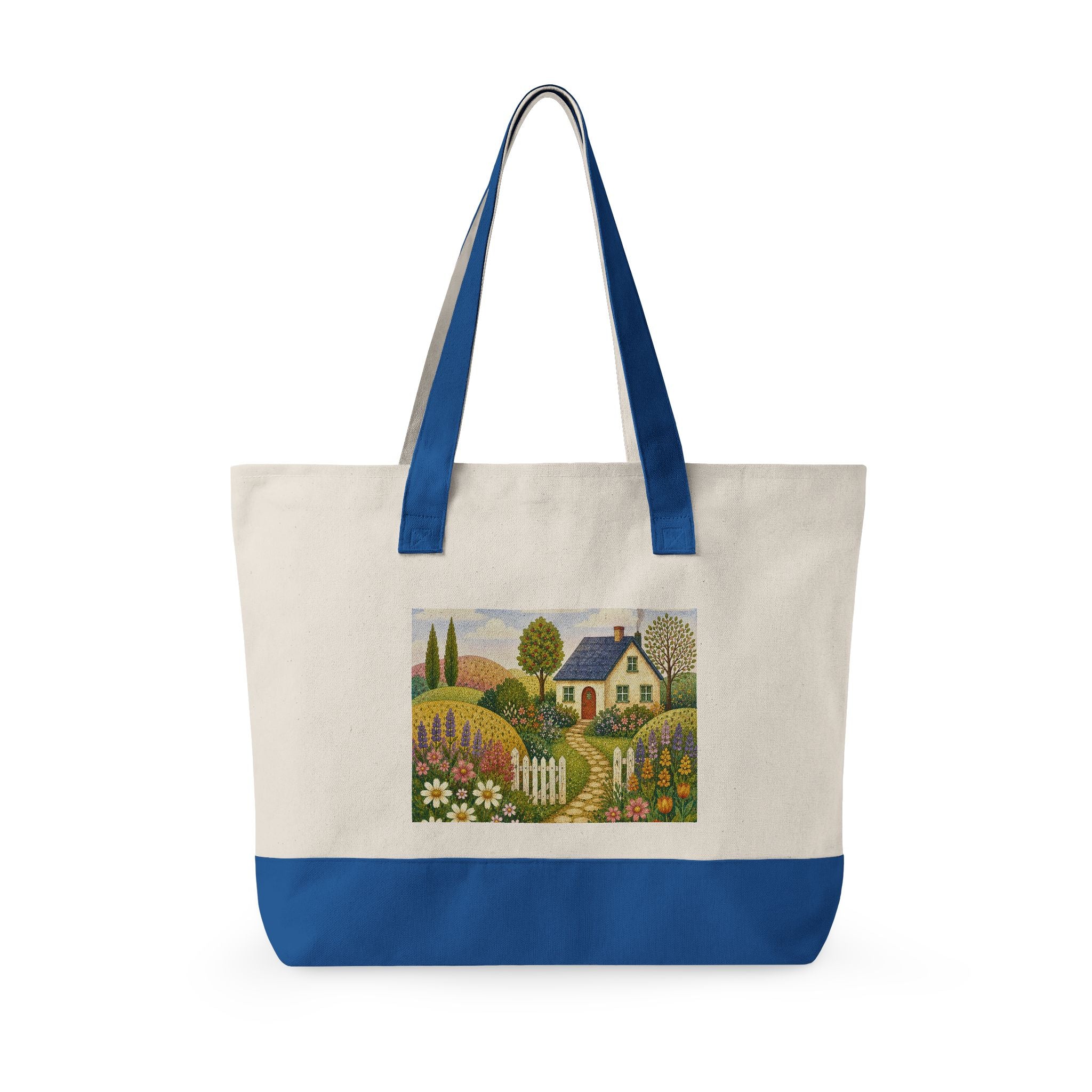 Canvas Tote Bag – Charming Cottage Garden illustration, Zippered Canvas Tote for Market, Beach & Everyday