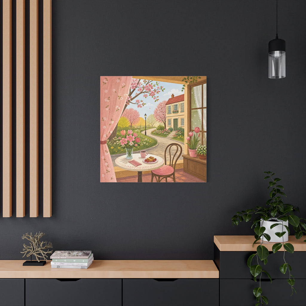 Spring Cottage Café Canvas Wall Art — Cozy Window Scene with Flowers and Pastries