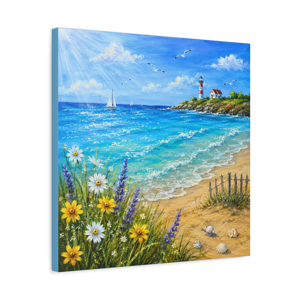 Coastal Lighthouse Beach Canvas Print — Seaside Floral Wall Art (Matte Stretched)