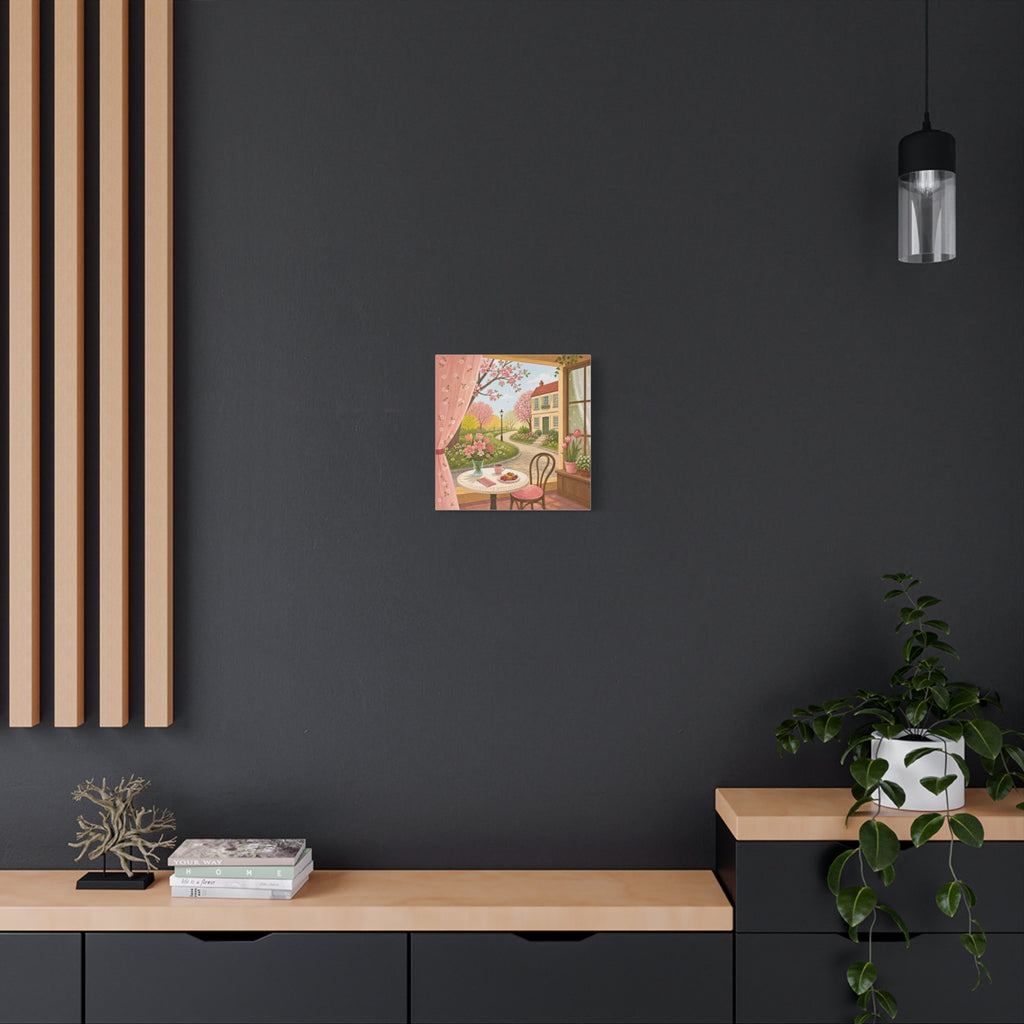 Spring Cottage Café Canvas Wall Art — Cozy Window Scene with Flowers and Pastries