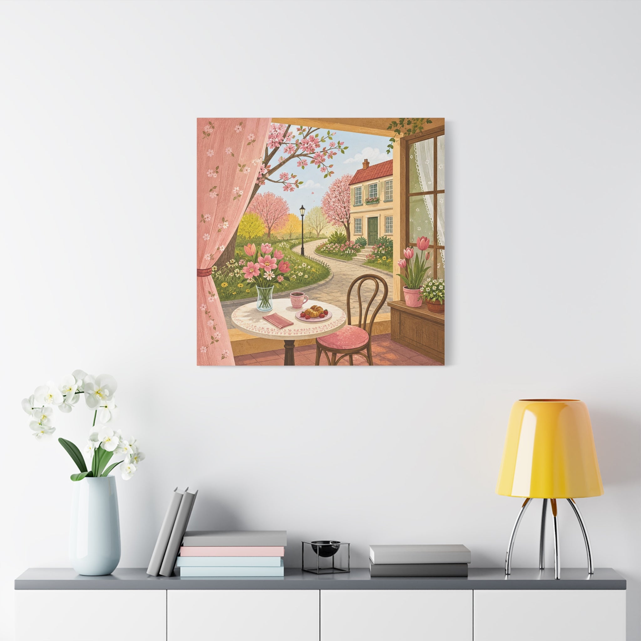 Spring Cottage Café Canvas Wall Art — Cozy Window Scene with Flowers and Pastries